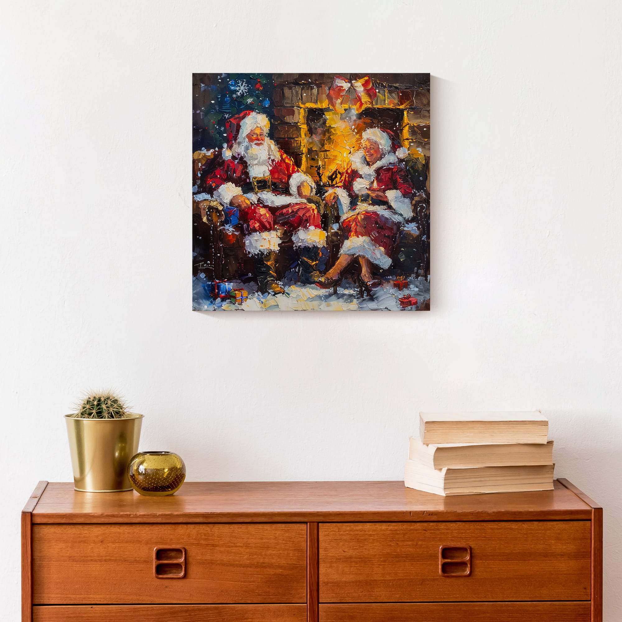 Santa and Mrs. Claus Cozy Fire 12" x 12" Canvas Wall Art