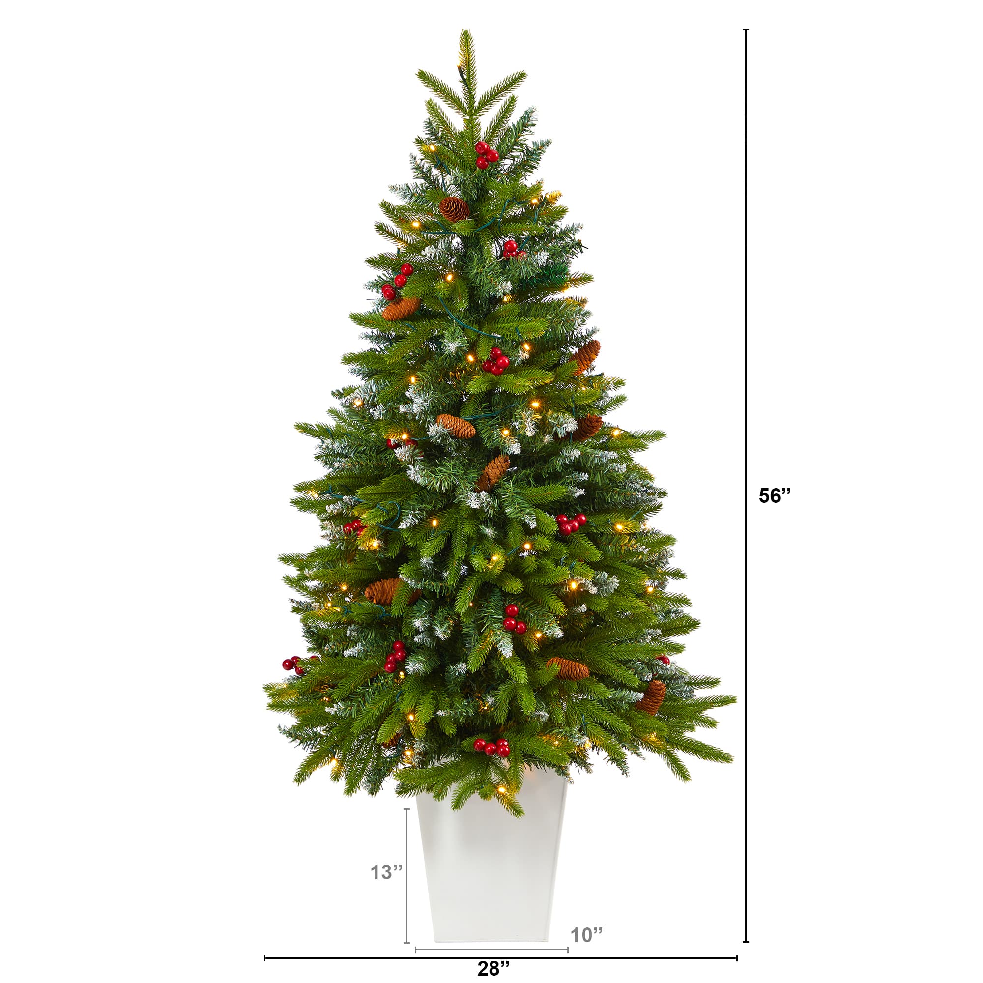 4.5ft. Pre-Lit Snow Tipped Portland Spruce Artificial Christmas Tree in White Metal Planter, Clear LED Lights