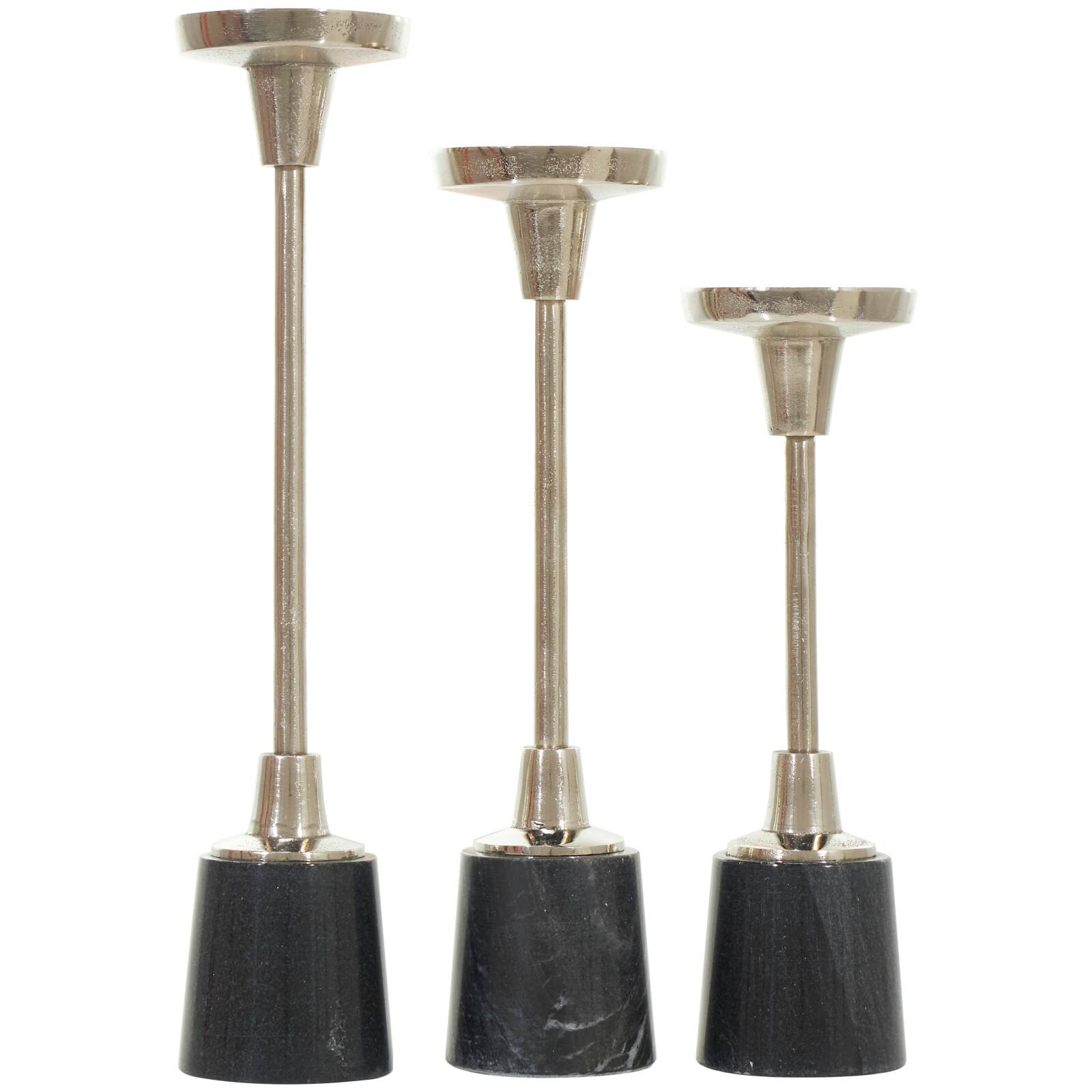 Silver Metal Slim Candle Holder with Black Marble Base Set