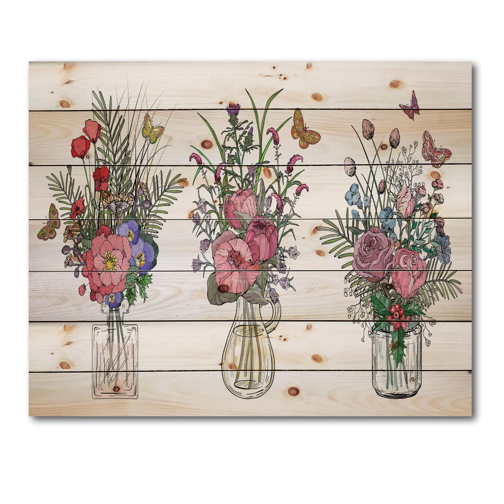 Designart - Bouquets Of Wildflowers In Transparent Vases II - Farmhouse Print on Natural Pine Wood