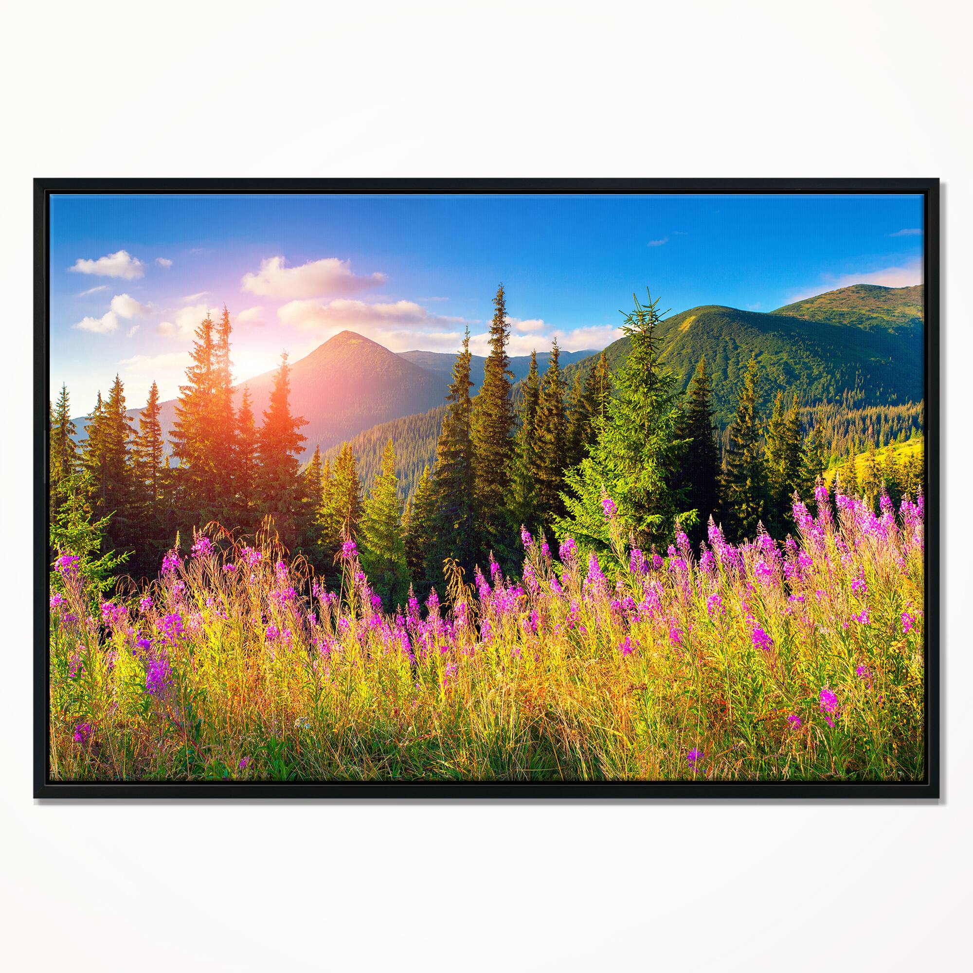Designart - Mountains with Pink Flowers - Floral Canvas art print in Black Frame