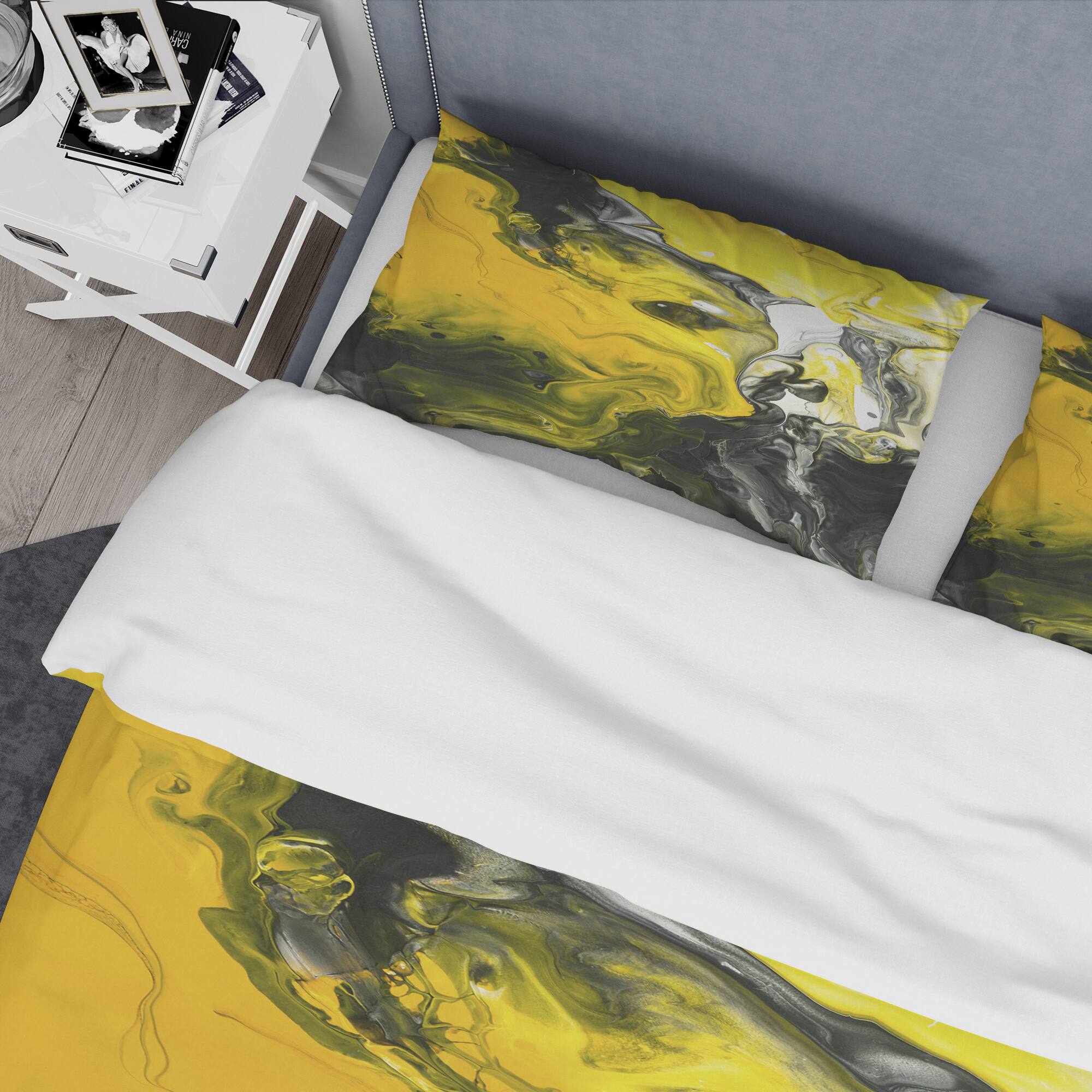 Designart &#x27;Acrylic Marble with Yellow and Black&#x27; Modern &#x26; Contemporary Bedding Set - Duvet Cover &#x26; Shams