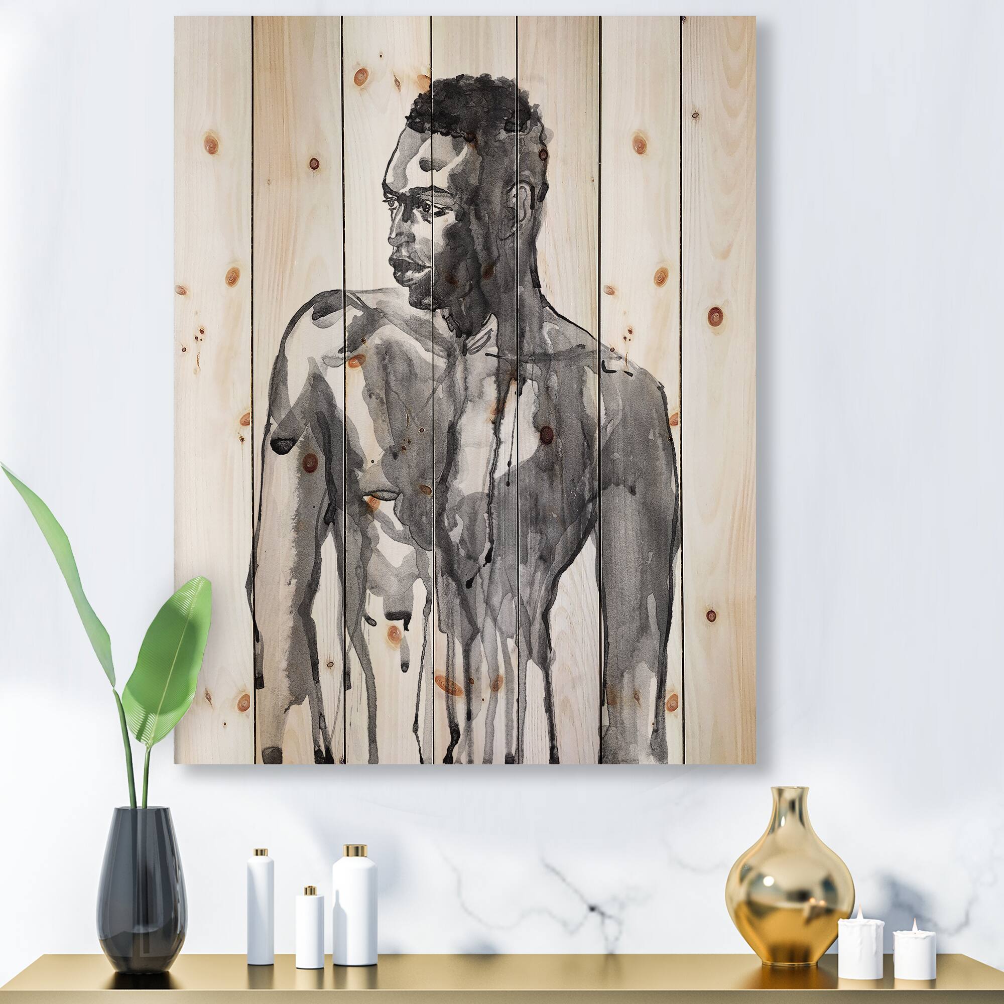 Designart - Handsome African Man Portrait On White I - Modern Print on Natural Pine Wood