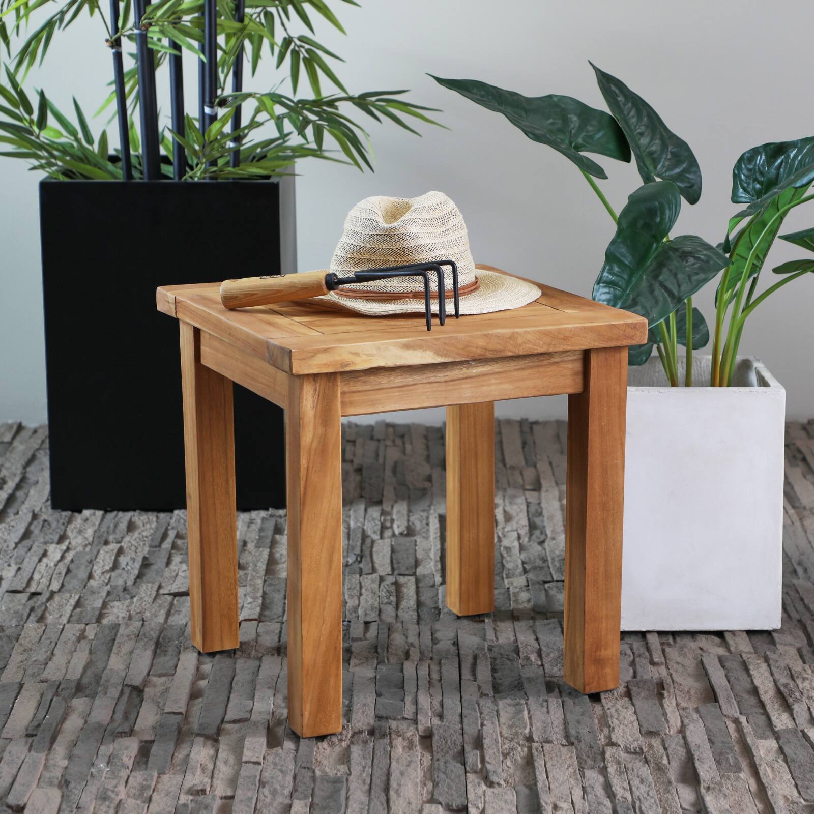 19" Brown Teak Wood Slatted Outdoor Accent Table