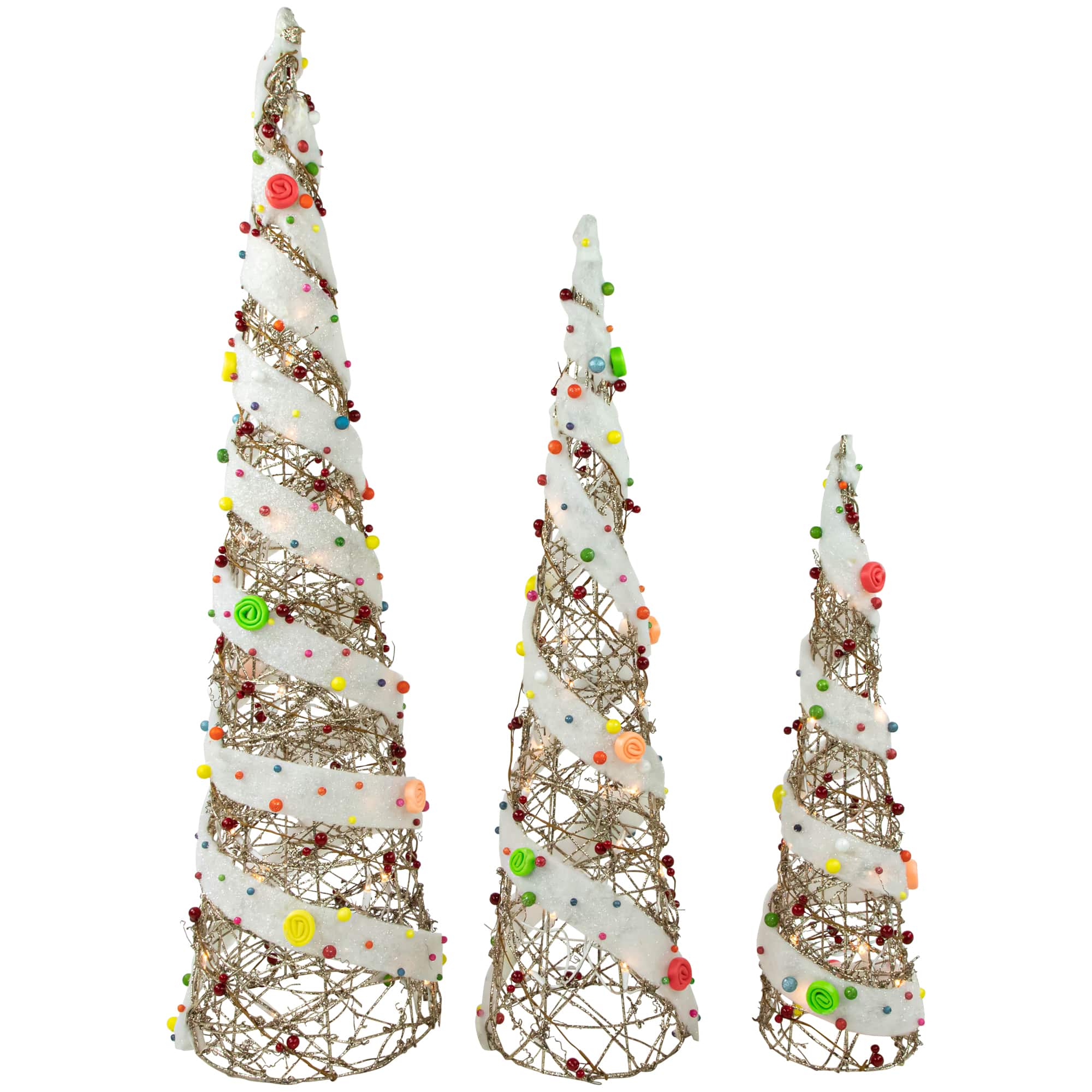 Set of 3 Lighted Champagne Gold Rattan Candy Covered Cone Tree Christmas Yard Art Decorations 39.25&#x22;