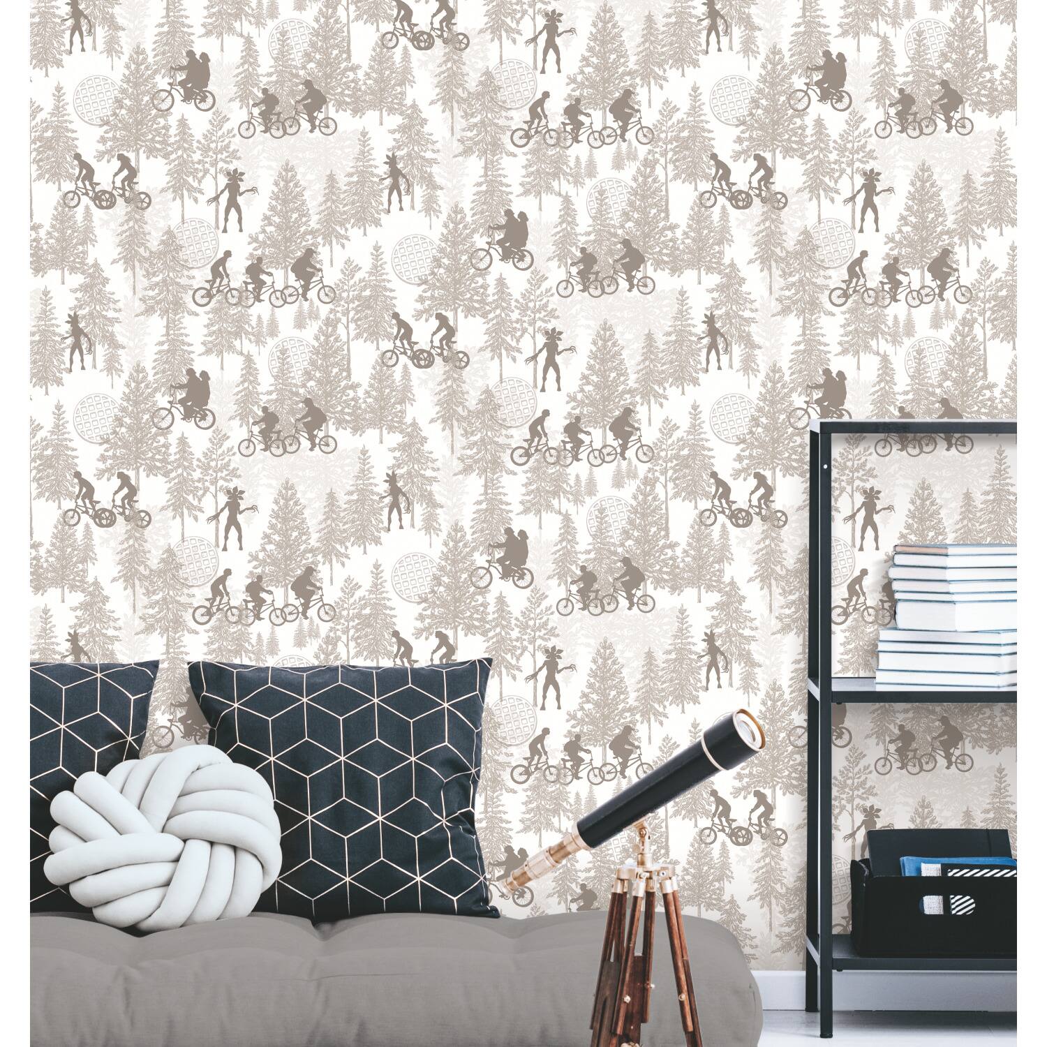RoomMates Netflix Stranger Things Hawkins Woods Taupe Peel & Stick Wallpaper