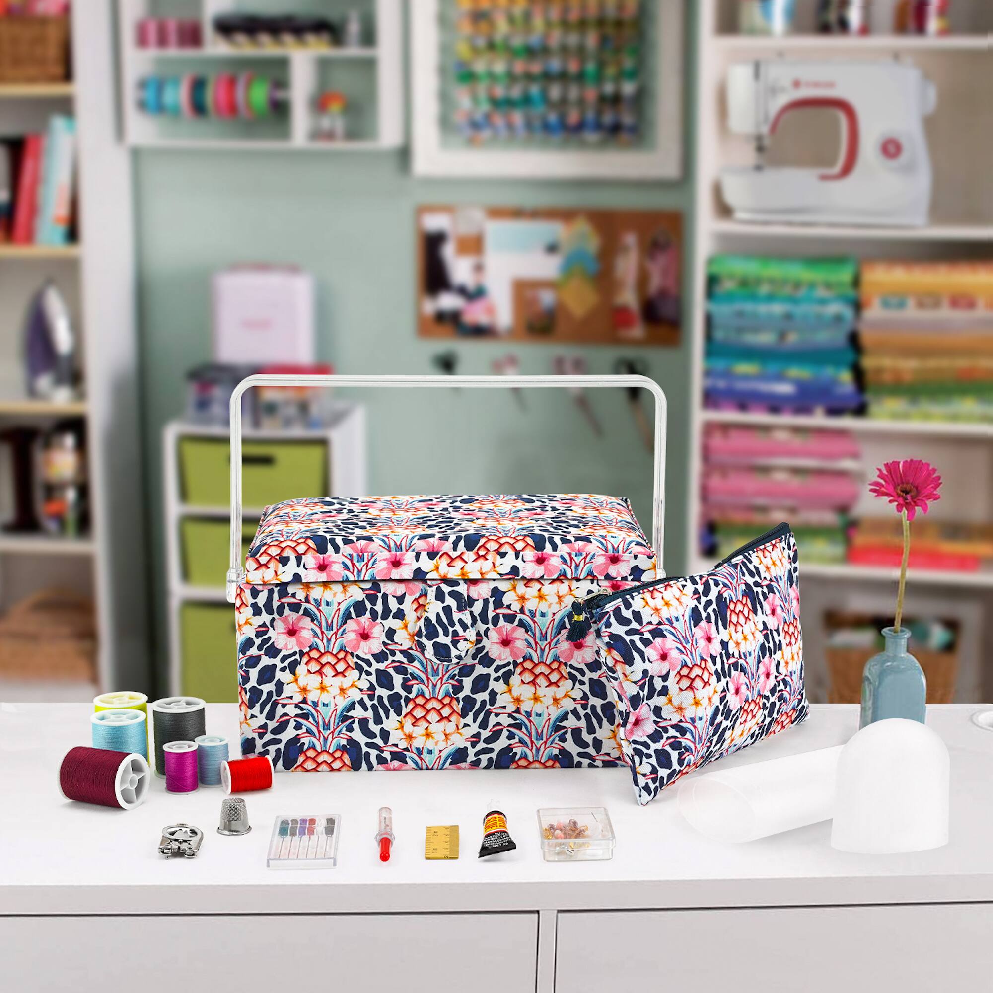 SINGER&#xAE; Large Tropical Animal Print Premium Sewing Basket with Travel Sewing Kit