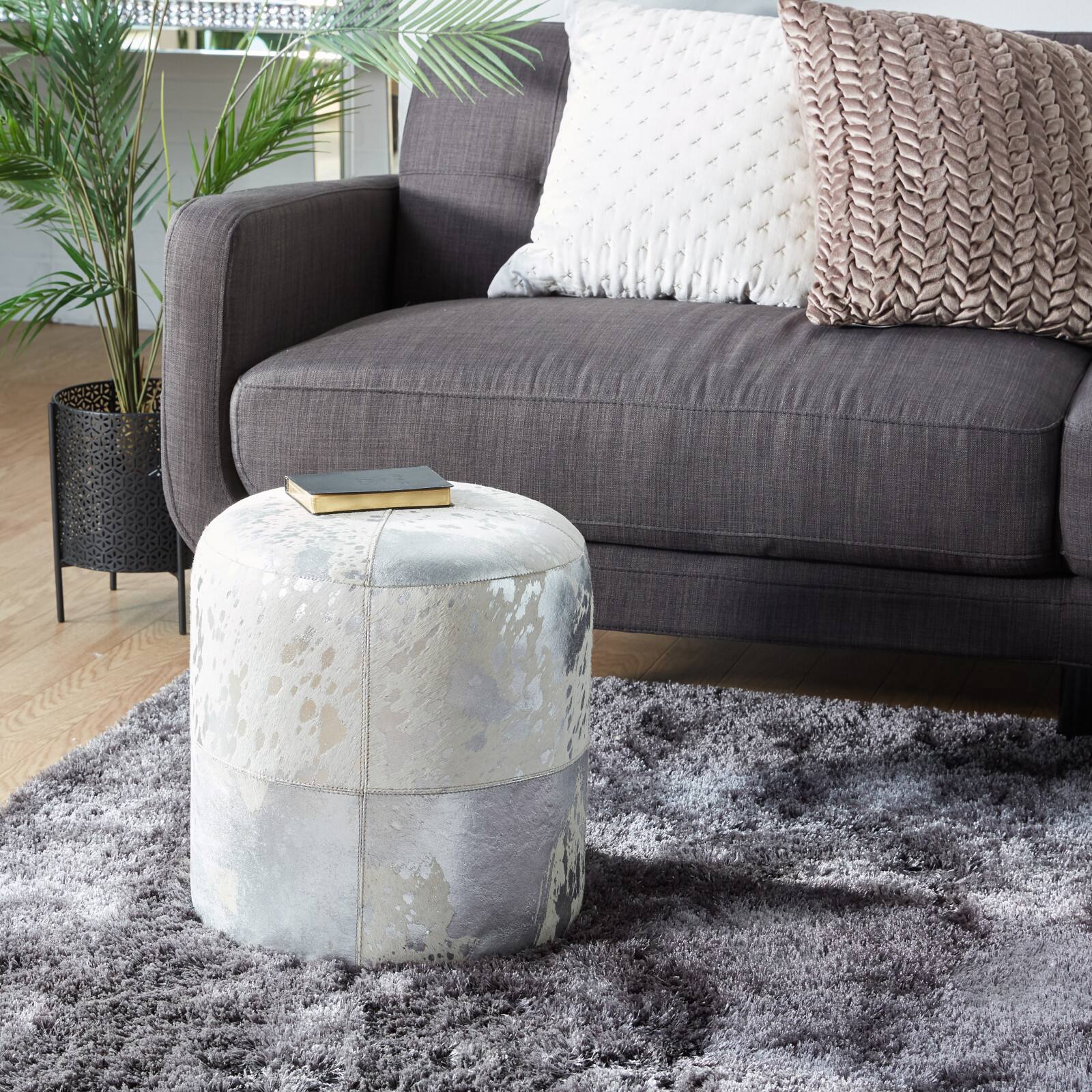 17" Silver & White Leather & Wood Glam Ottoman