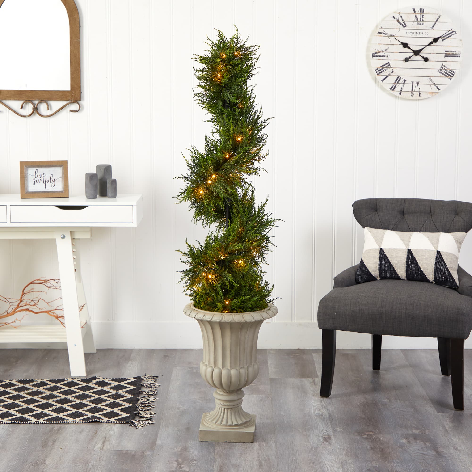 5ft. Pre-Lit Spiral Cypress Artificial Christmas Tree in Sand Finished Urn, Clear LED Lights