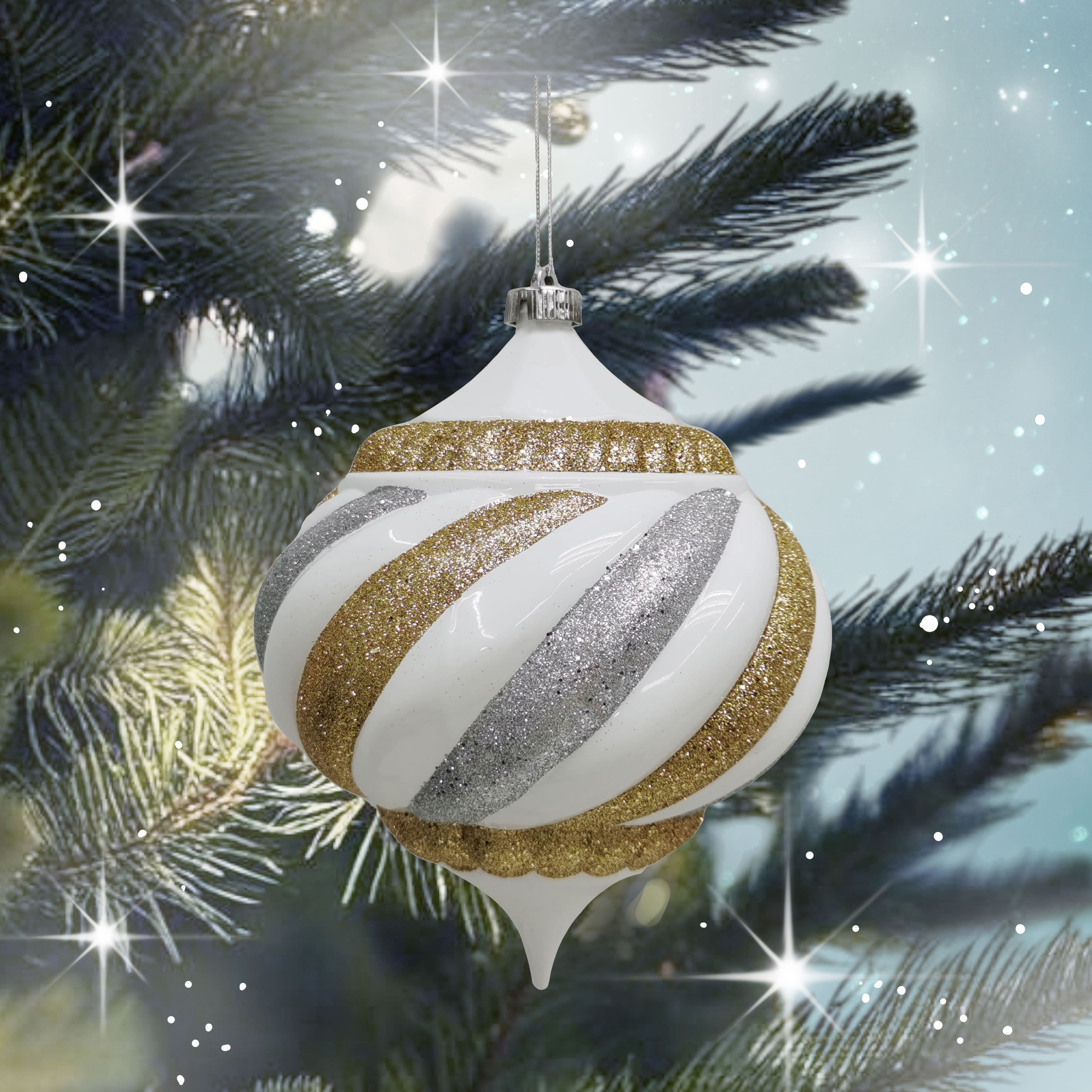 10&#x22; White, Silver &#x26; Gold Glitter Stripes Onion Ornament by Ashland&#xAE;