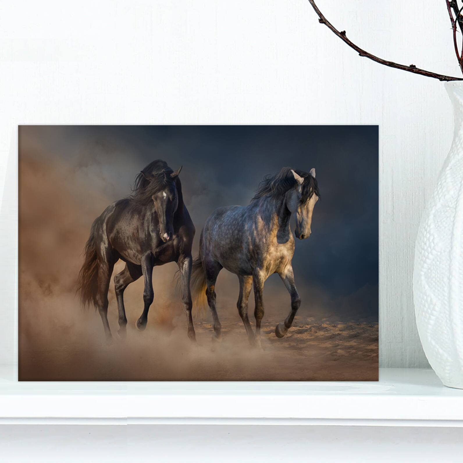 Designart - Black and white horse run - Animals photographyPrint on Wrapped Canvas