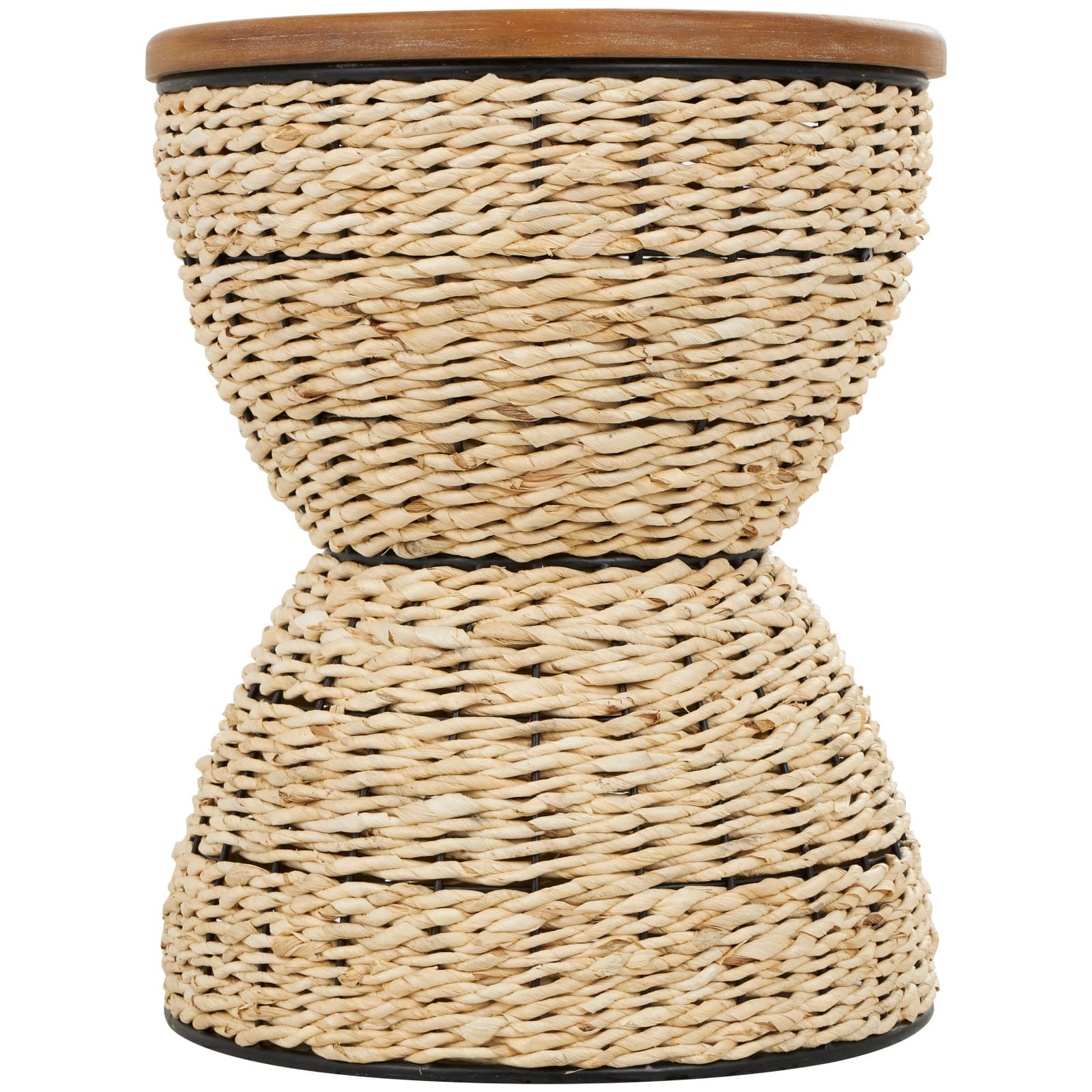 19" Rattan Woven Stool with Wood Tabletop and Black Frame