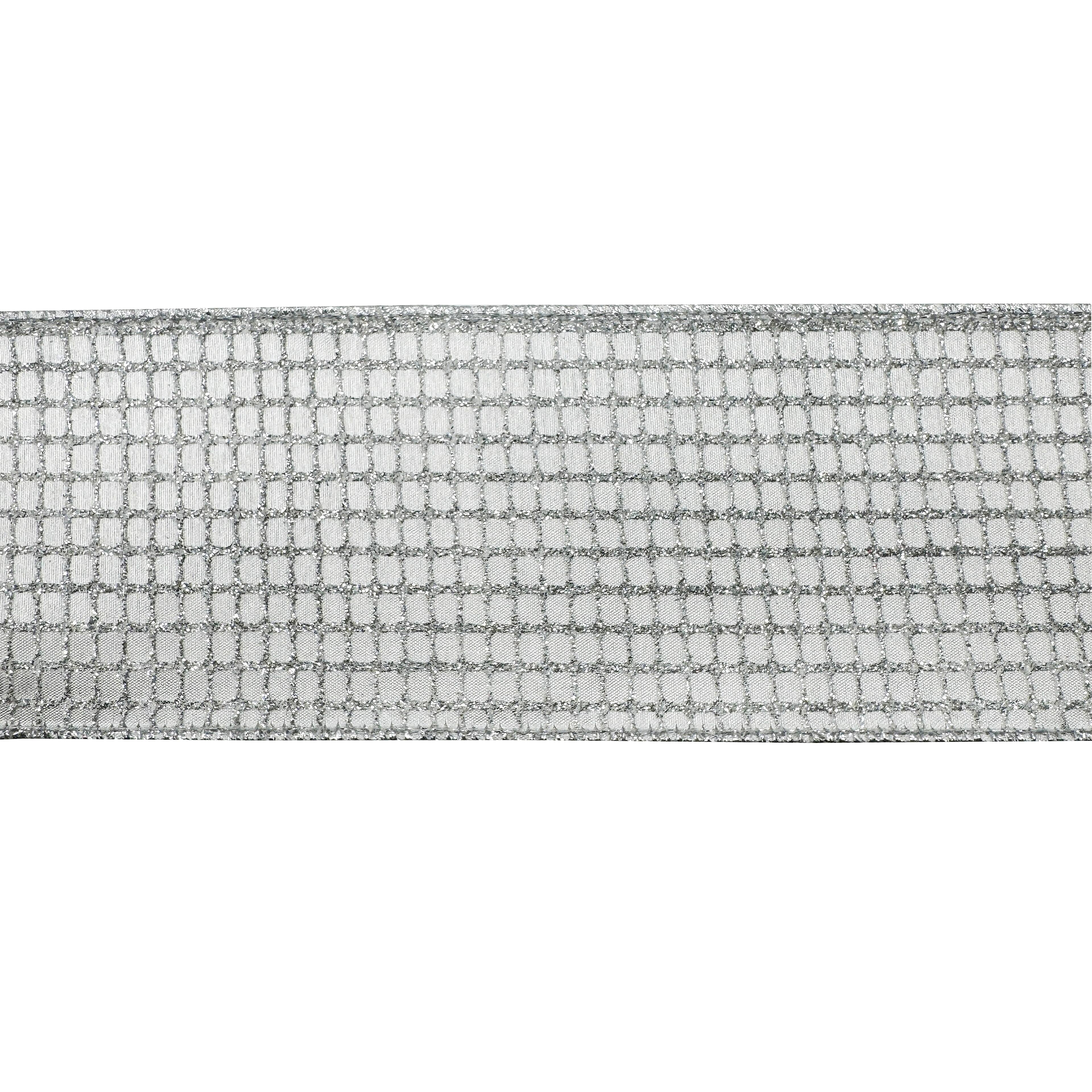 3.5&#x22; x 15ft. Cream &#x26; Silver Glitter Grid Wired Ribbon by Celebrate It&#xAE;