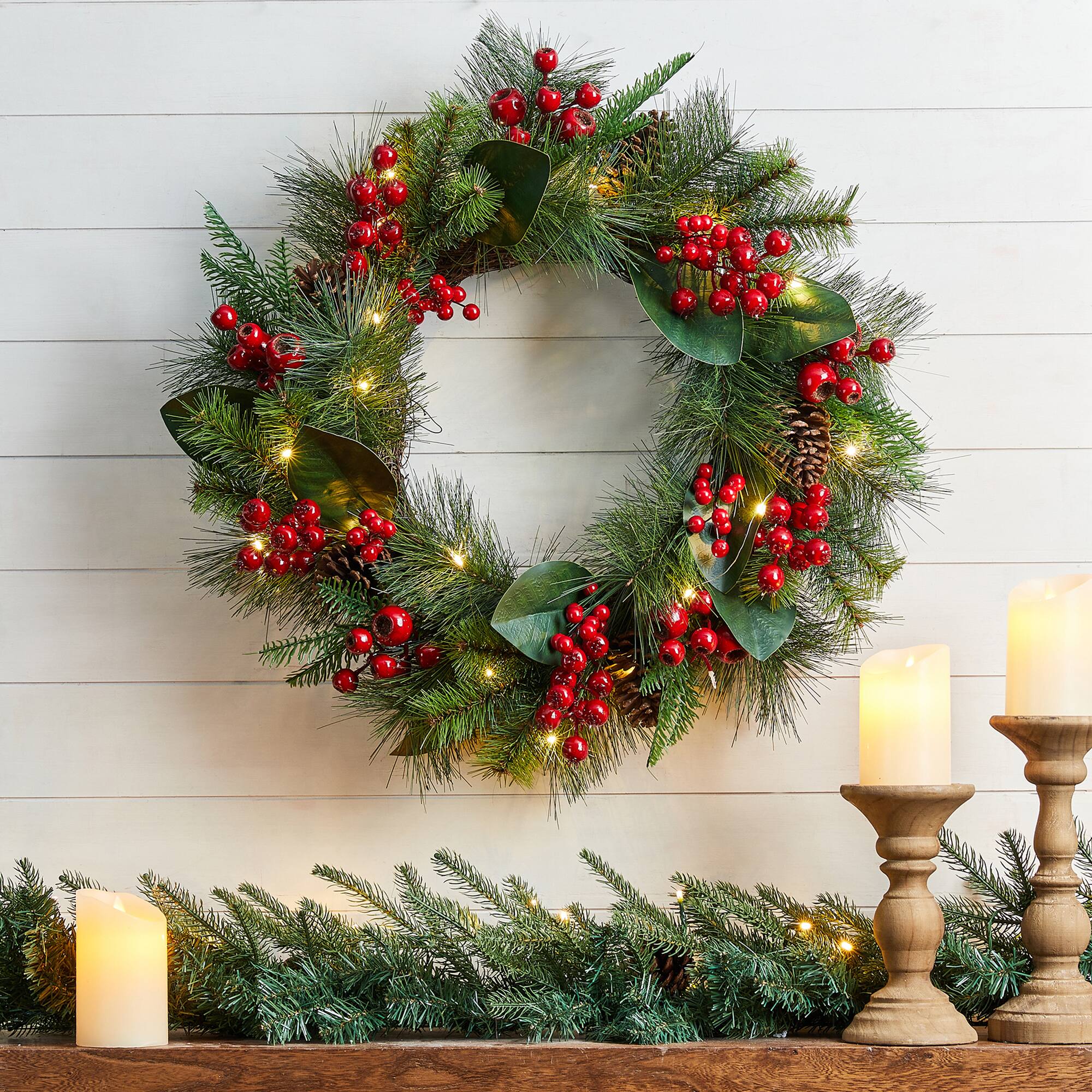 Glitzhome® 24" Pre-Lit Berry, Magnolia Leaf & Pinecone Wreath