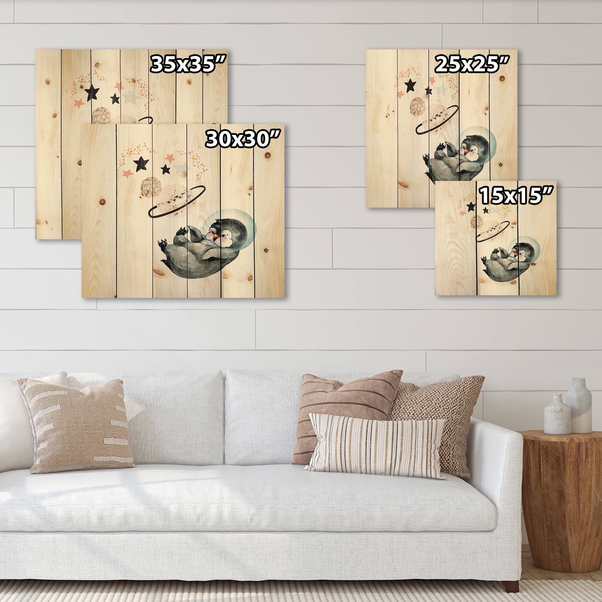 Designart - Little Penguin With Stars and Planets I - Farmhouse Print on Natural Pine Wood