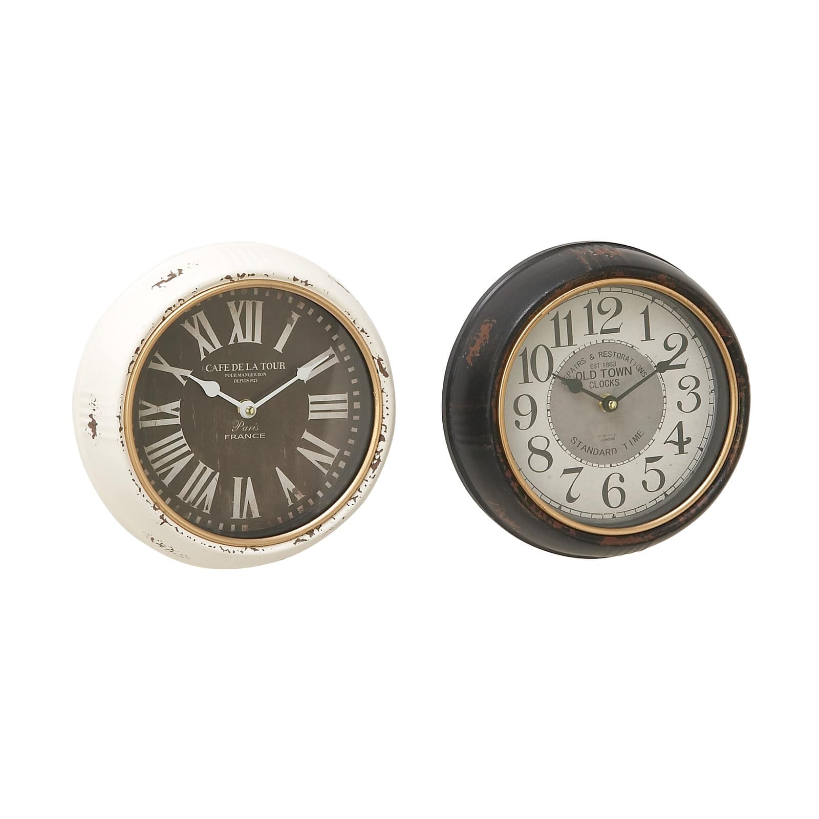 Set of 2 White Metal Vintage Wall Clock, 10" x 10"