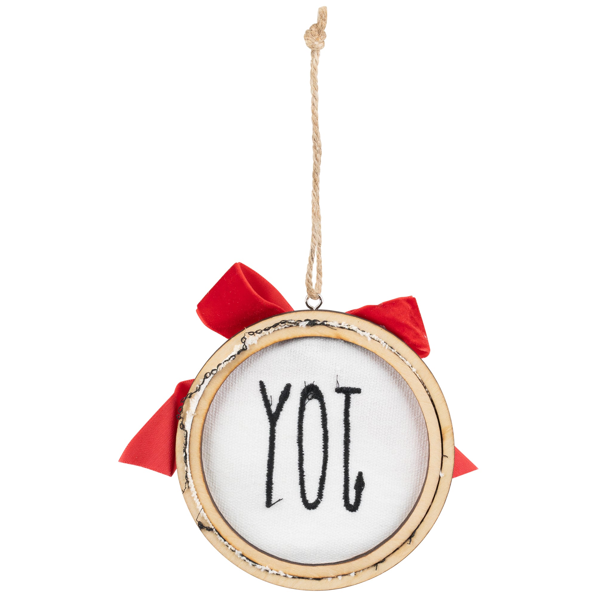 Embroidered Joy with Bow Wooden Disc Christmas Ornament - 4.5&#x22; - Red and White