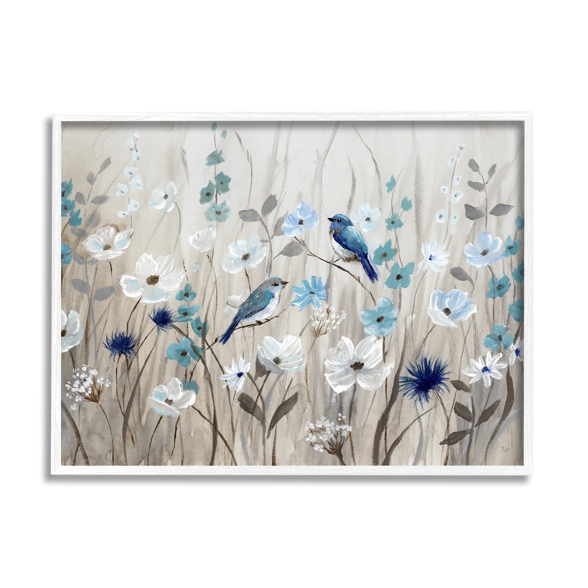 Stupell Industries Birds Floral Meadow Blue White Blossoms Framed Giclee Art
