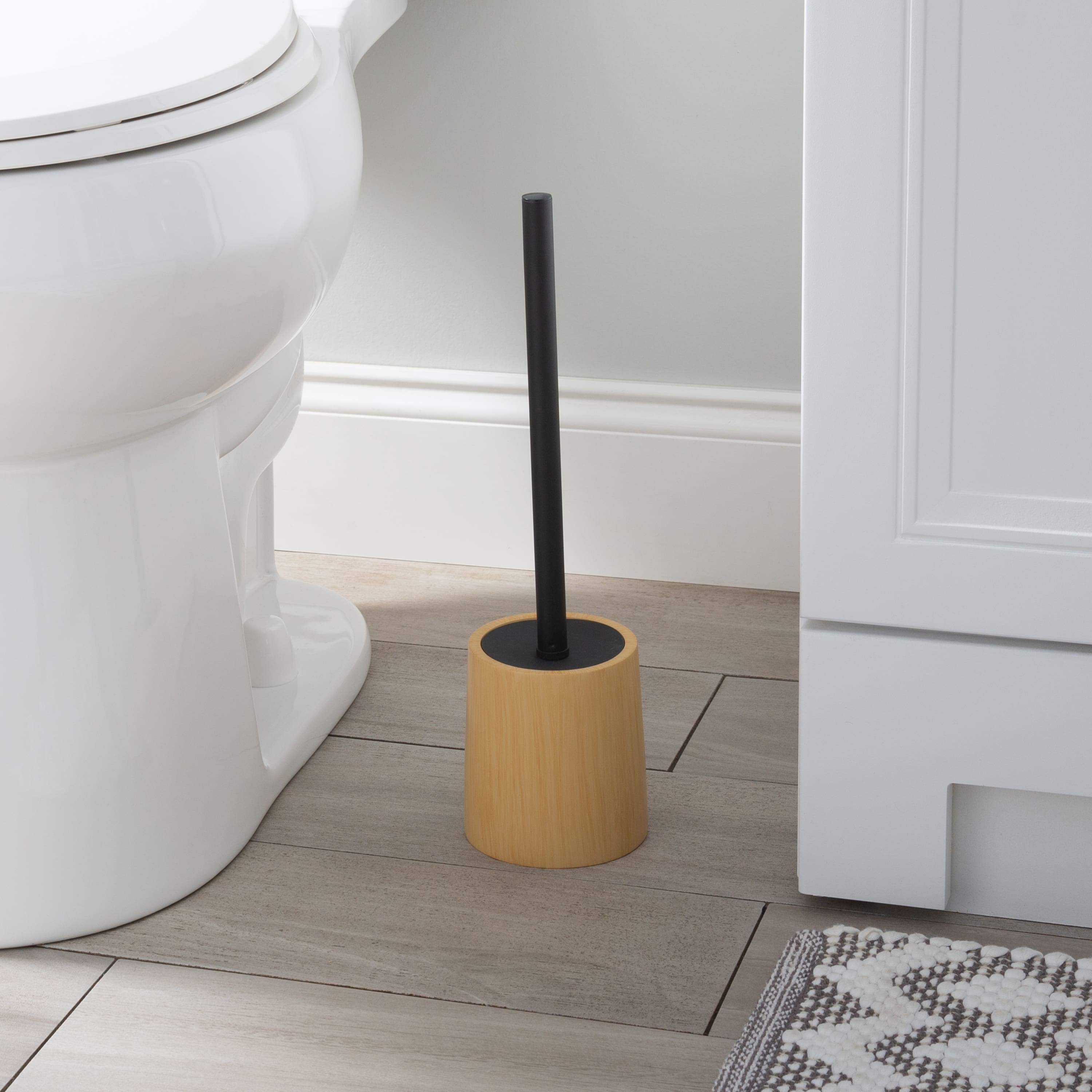 Bath Bliss Black Toilet Brush &#x26; Natural Woodgrain Holder