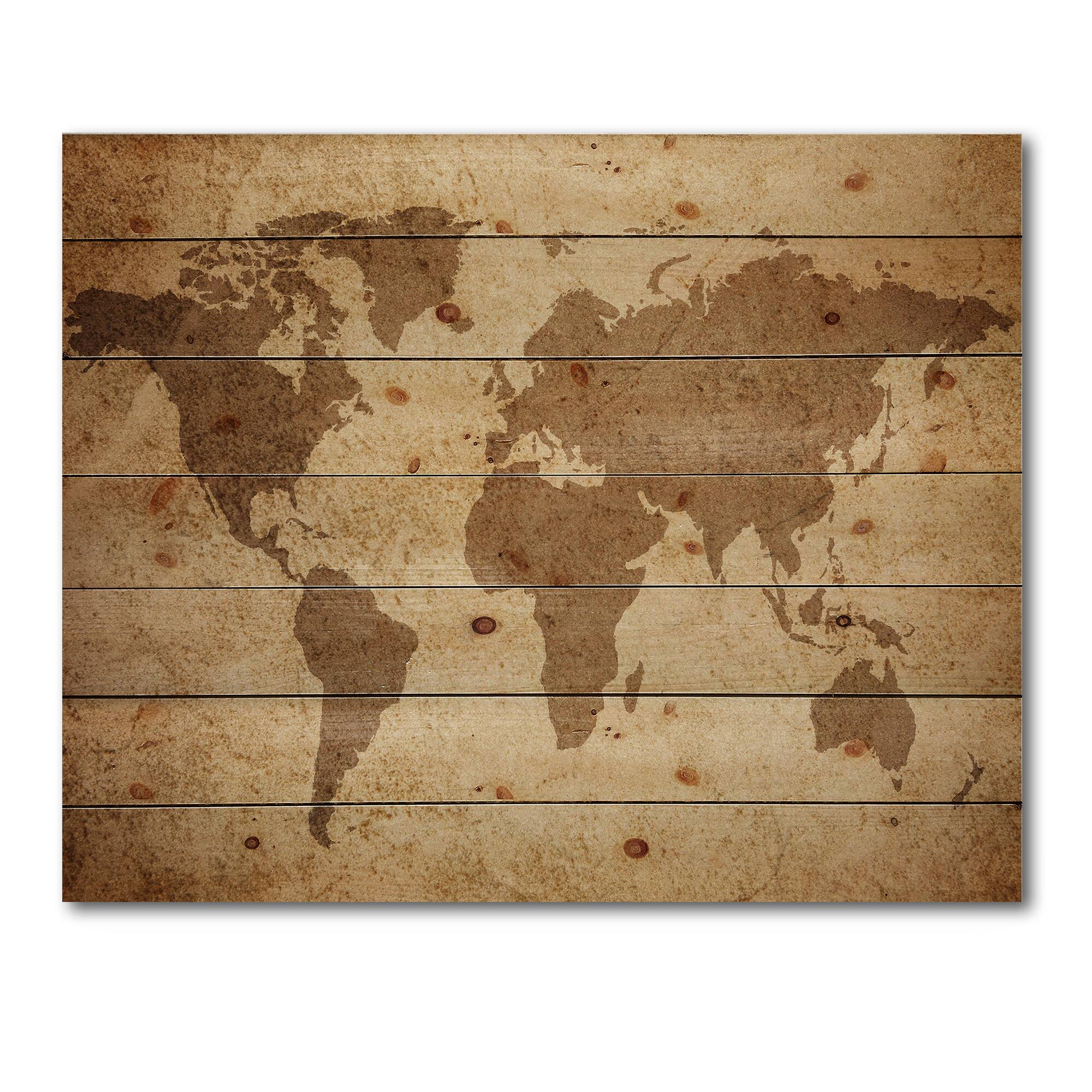 Designart - Ancient Map of The World V - Vintage Print on Natural Pine Wood