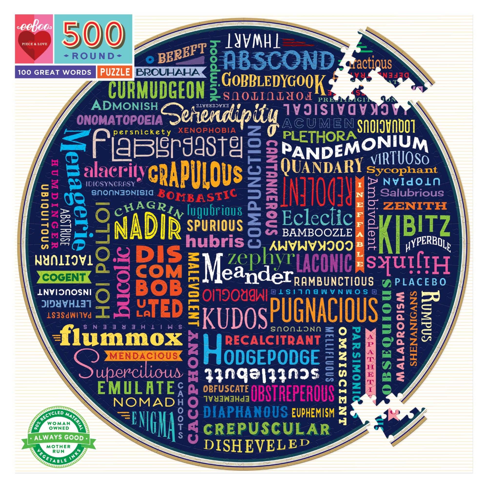 eeBoo Piece & Love "100 Great Words" 500 Piece Round Jigsaw Puzzle