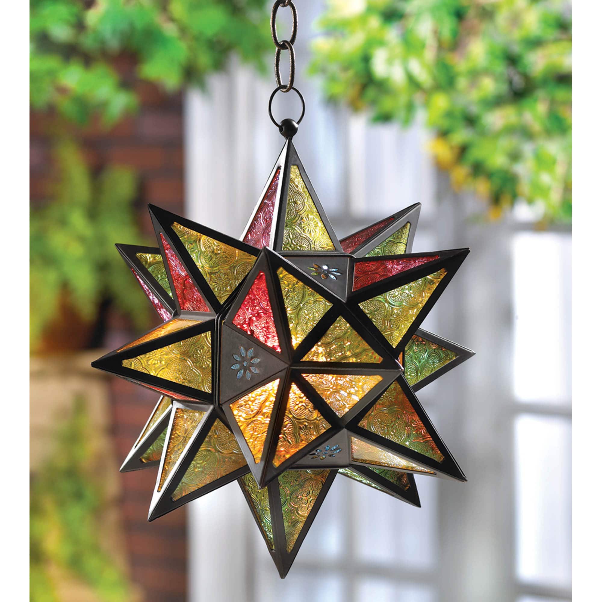 14&#x22; Jewel Toned Moroccan Style Hanging Star Candle Lantern