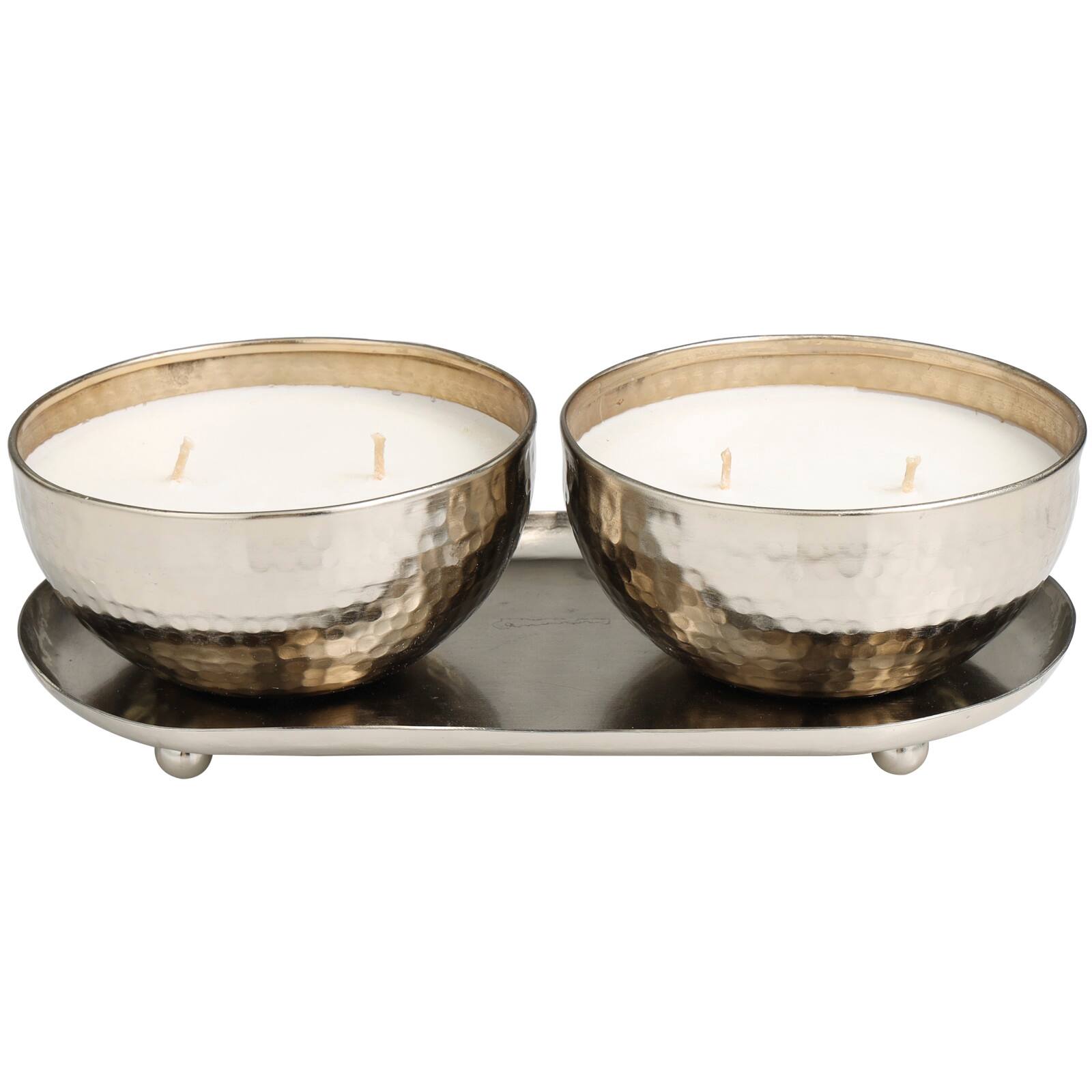 White Wax Vanilla Marshmallow Scented Candle Set with Silver Hammered Containers and Oval Holding Tray