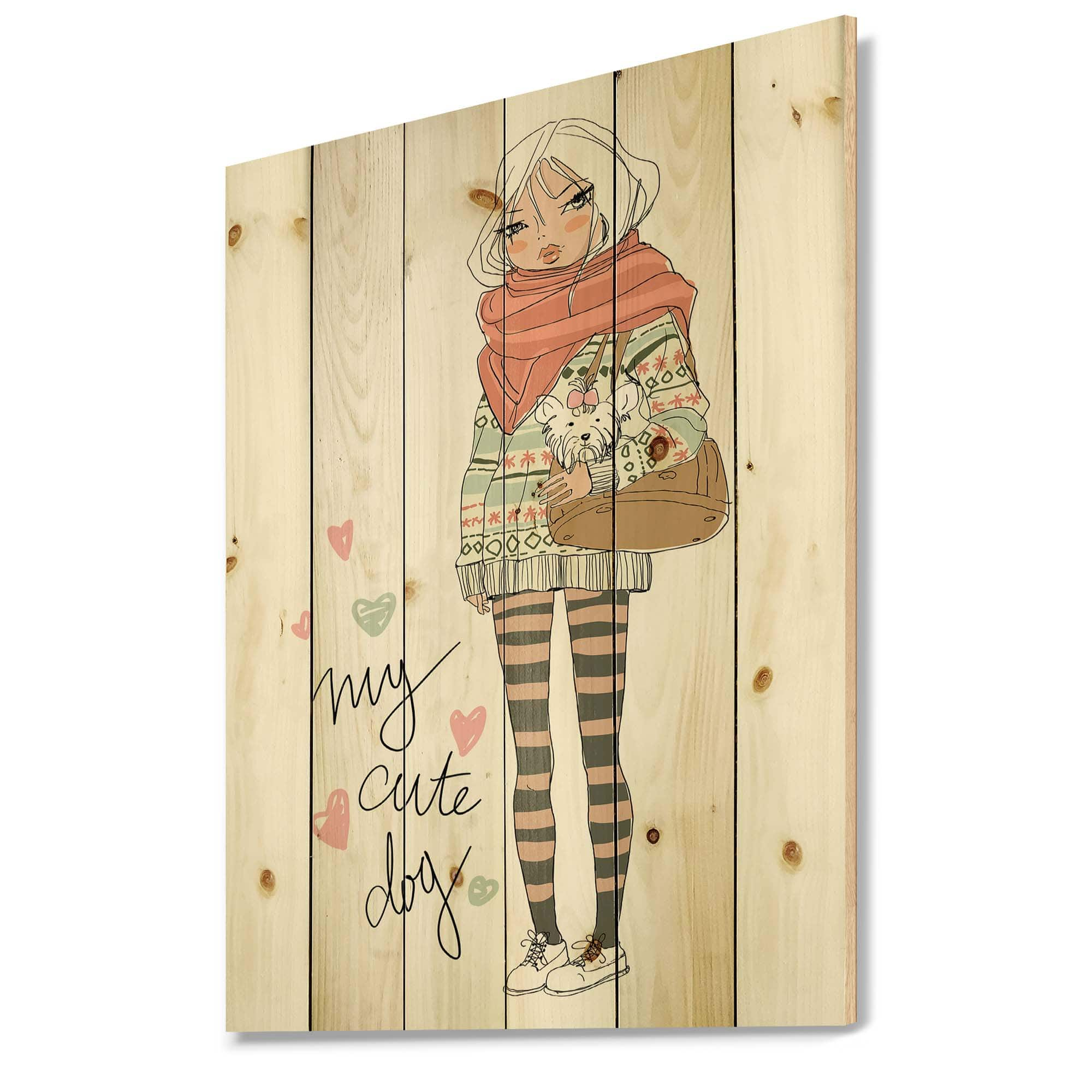 Designart - Cute Girl With Dog - Shabby Chic Print on Natural Pine Wood