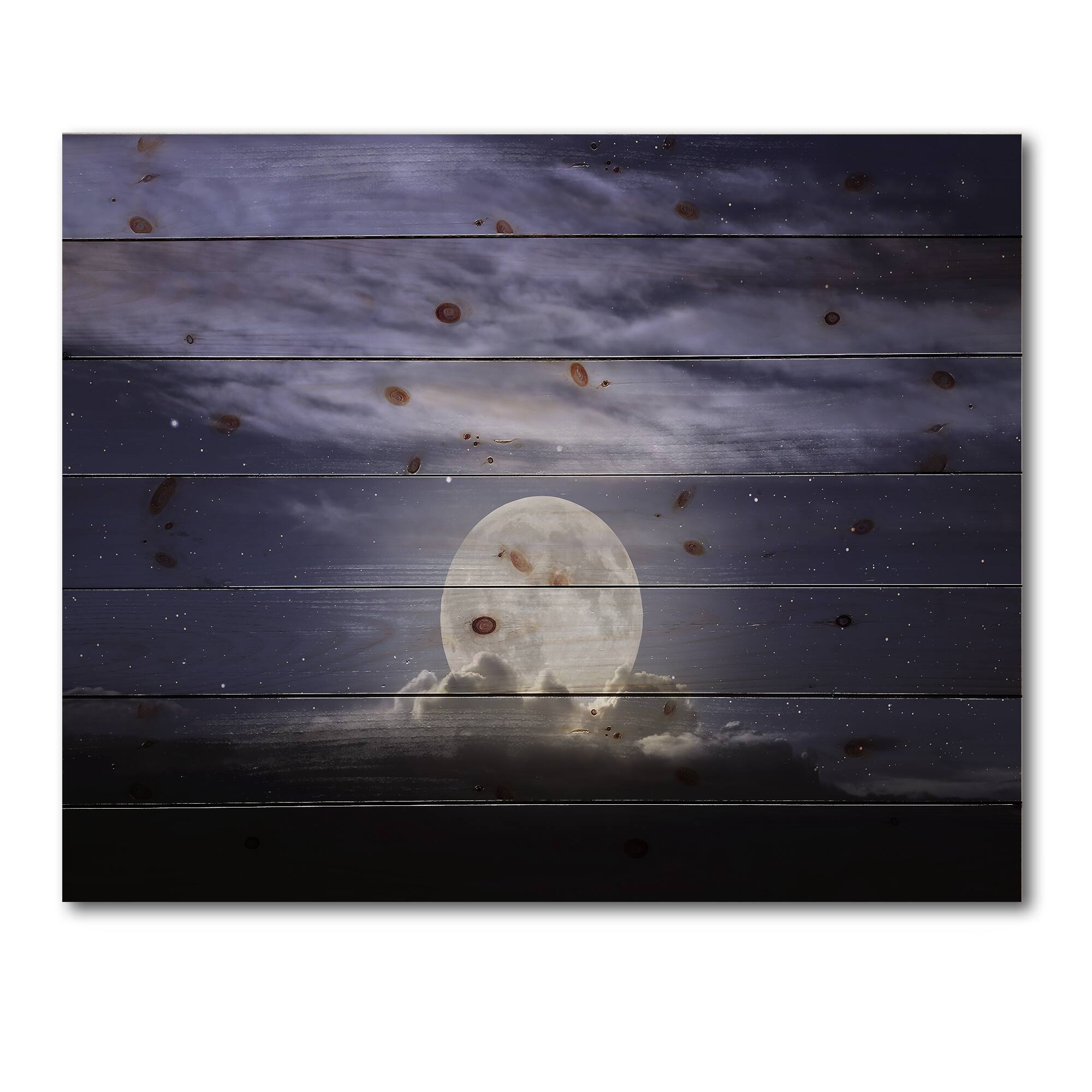 Designart - Full Moon Rising In A Cloudy Night - Nautical &#x26; Coastal Print on Natural Pine Wood