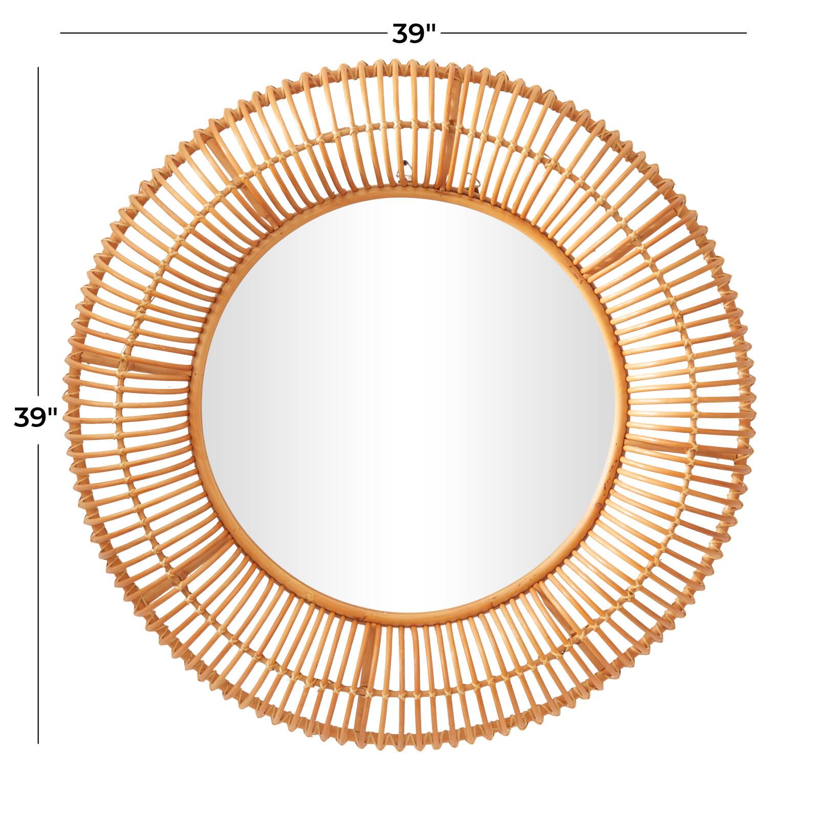 Brown Rattan Bohemian Wall Mirror, 39&#x22; x 4&#x22; x 39&#x22;