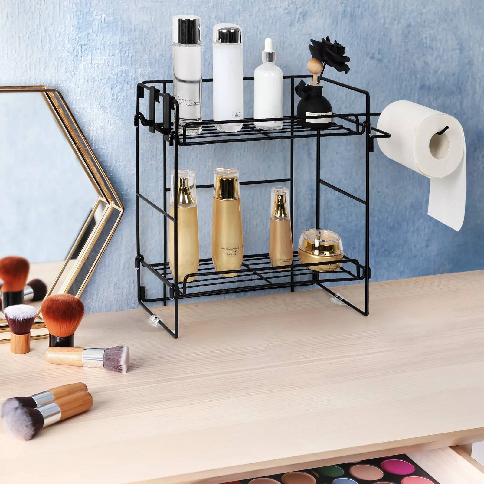 Over The Toilet Storage Shelf Organizer Basket with Paper Towel Holder