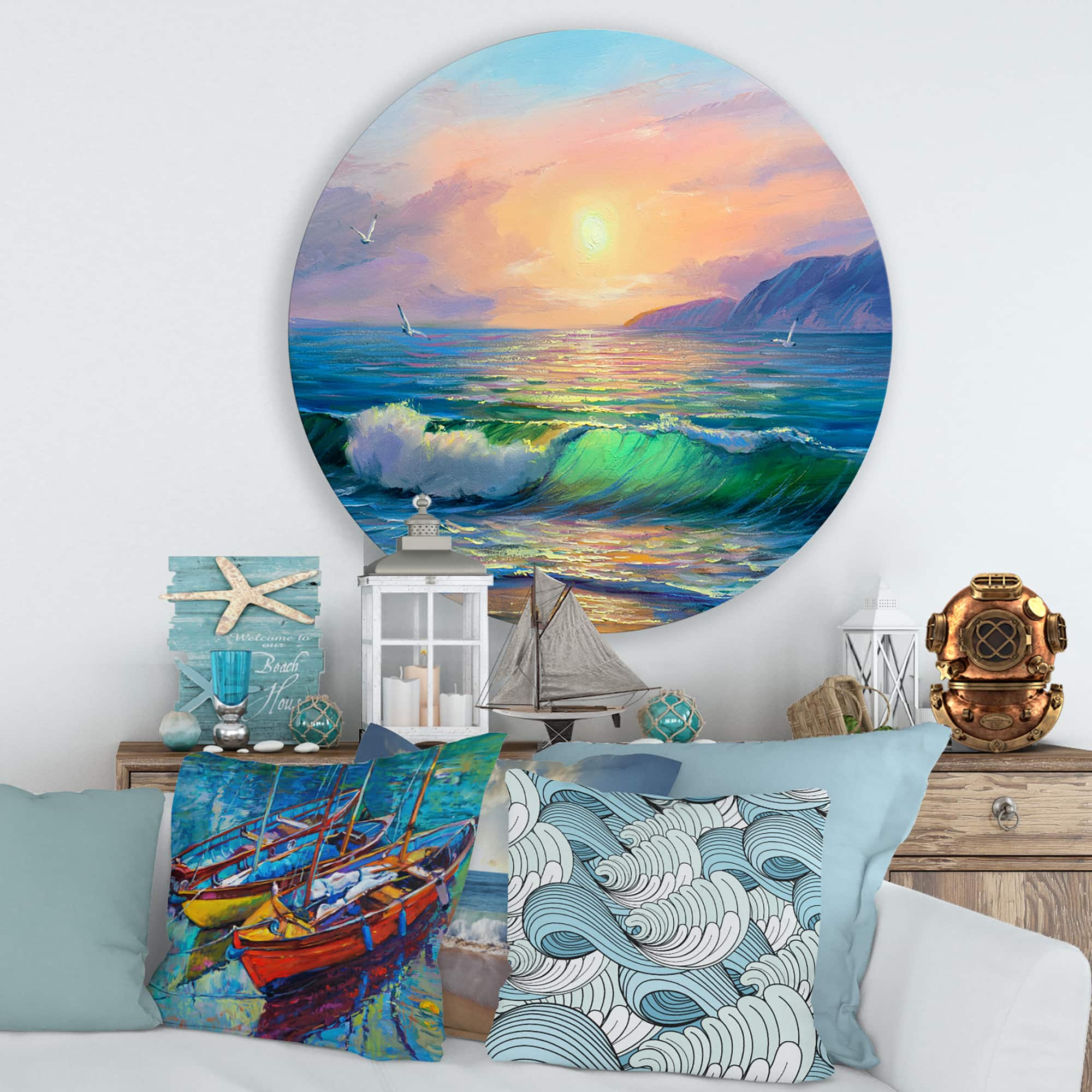 Designart - Blue Waves Breaking At The Beach V - Nautical &#x26; Coastal Metal Circle Wall Art