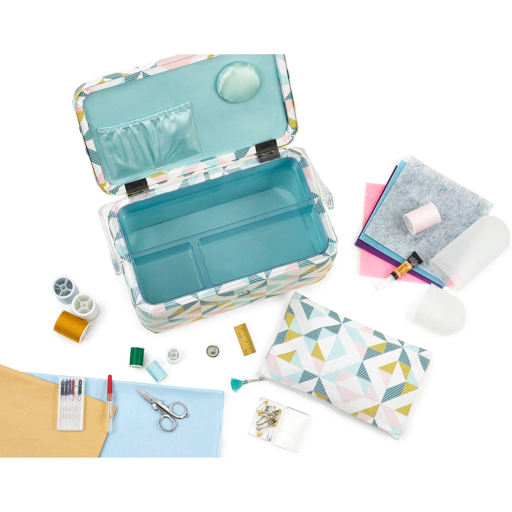 SINGER® Large Abstract Geo Print Sewing Basket with Matching Pouch Sew Kit