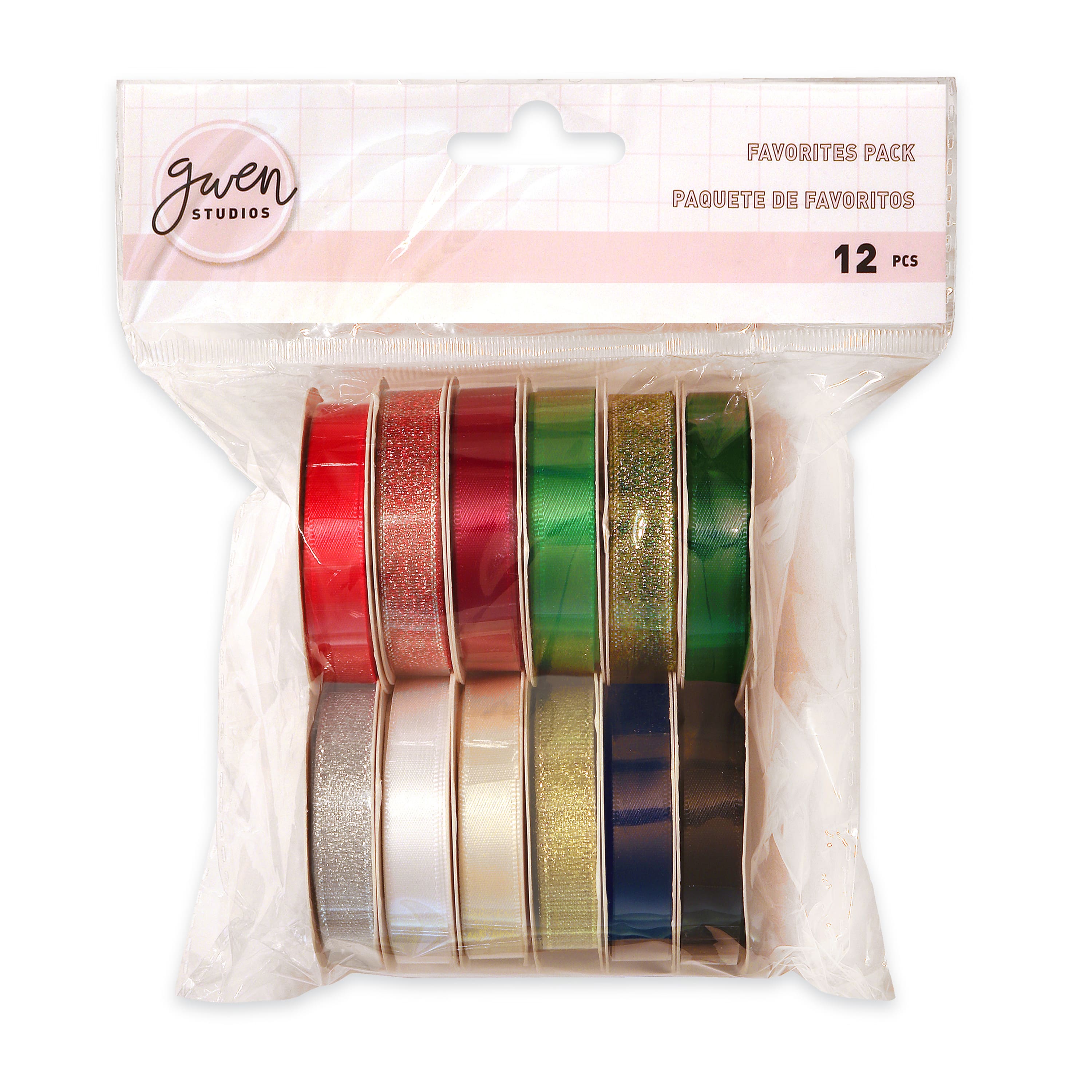 Gwen Studios Assorted Christmas Ribbon Pack for Crafts & Gift Wrap, 12 Spools, 3/8 x 36 Yards