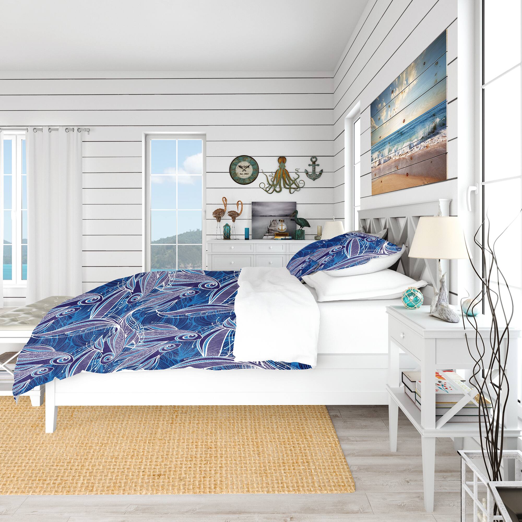 Designart &#x27;Blue Pattern with Fantastic Fishes&#x27; Nautical &#x26; Coastal Bedding Set - Duvet Cover &#x26; Shams