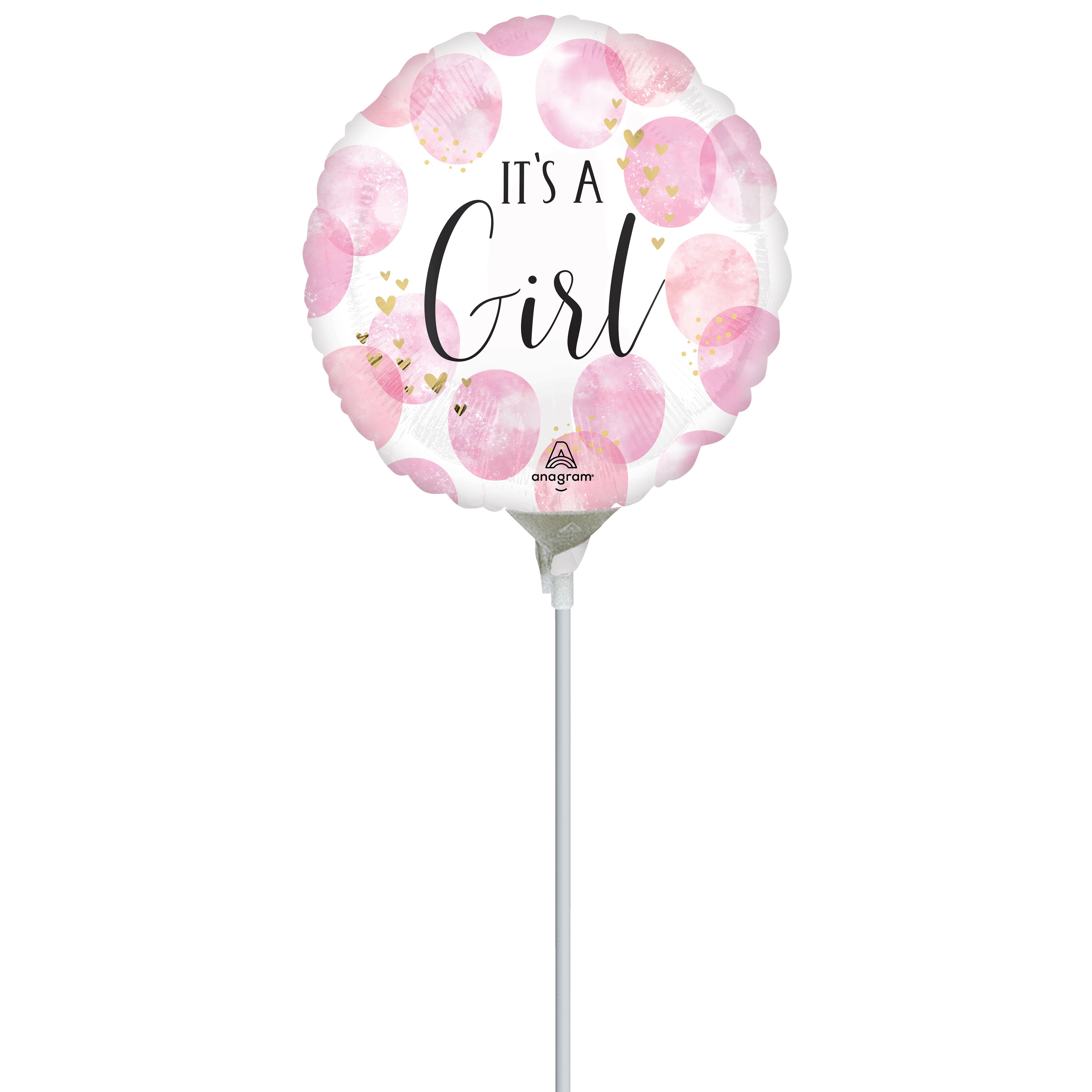 9&#x22; Baby Girl Pink Watercolour Stick Balloon