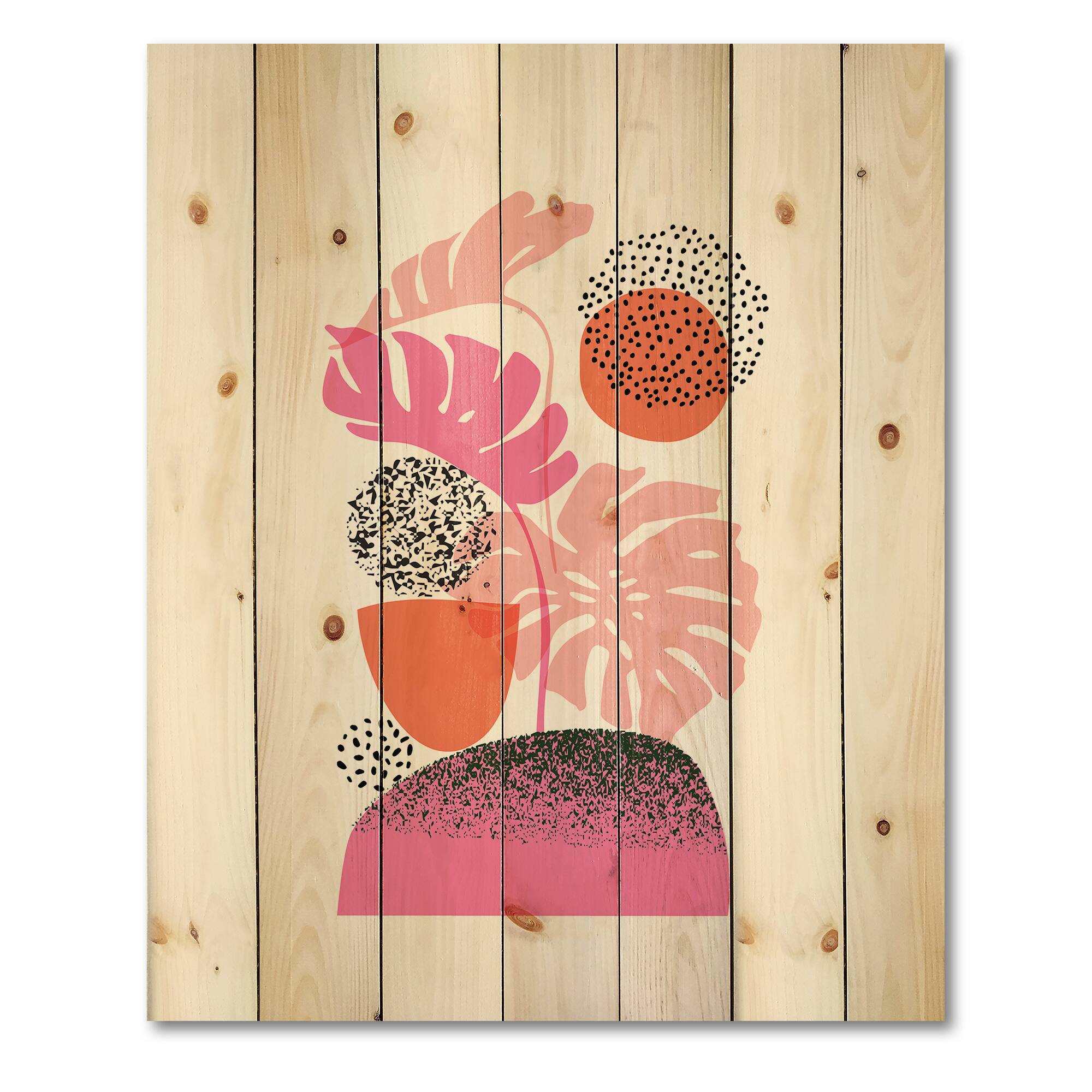 Designart - Geometric Moon &#x26; Sun Shapes With Tropical Leaves - Modern Print on Natural Pine Wood