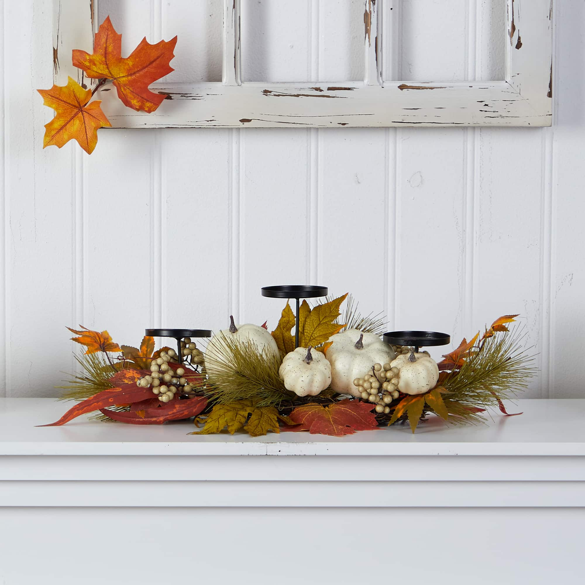 22&#x22; Pumpkin And Maple Leaf Autumn Candelabrum Arrangement