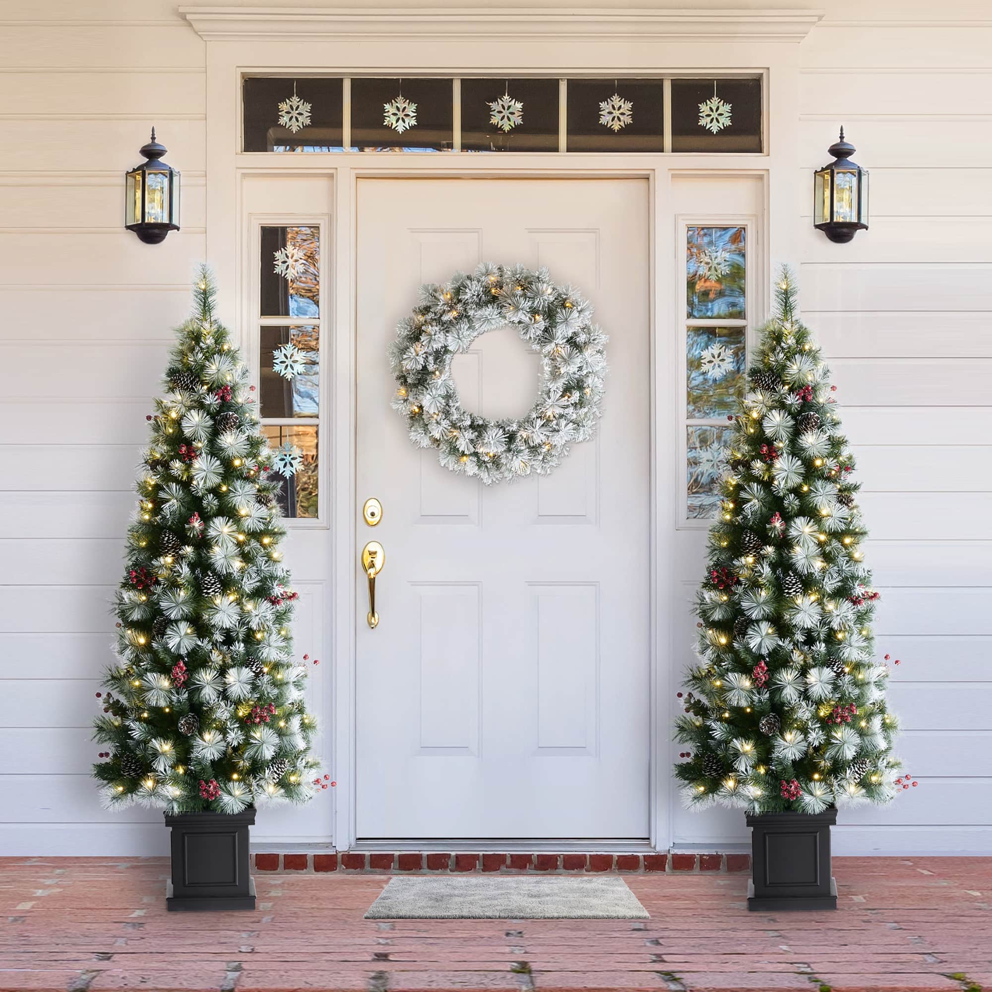 6ft. Pre-Lit Greenery Pinecones & Red Berries Artificial Christmas Porch Tree, Warm White LED Lights