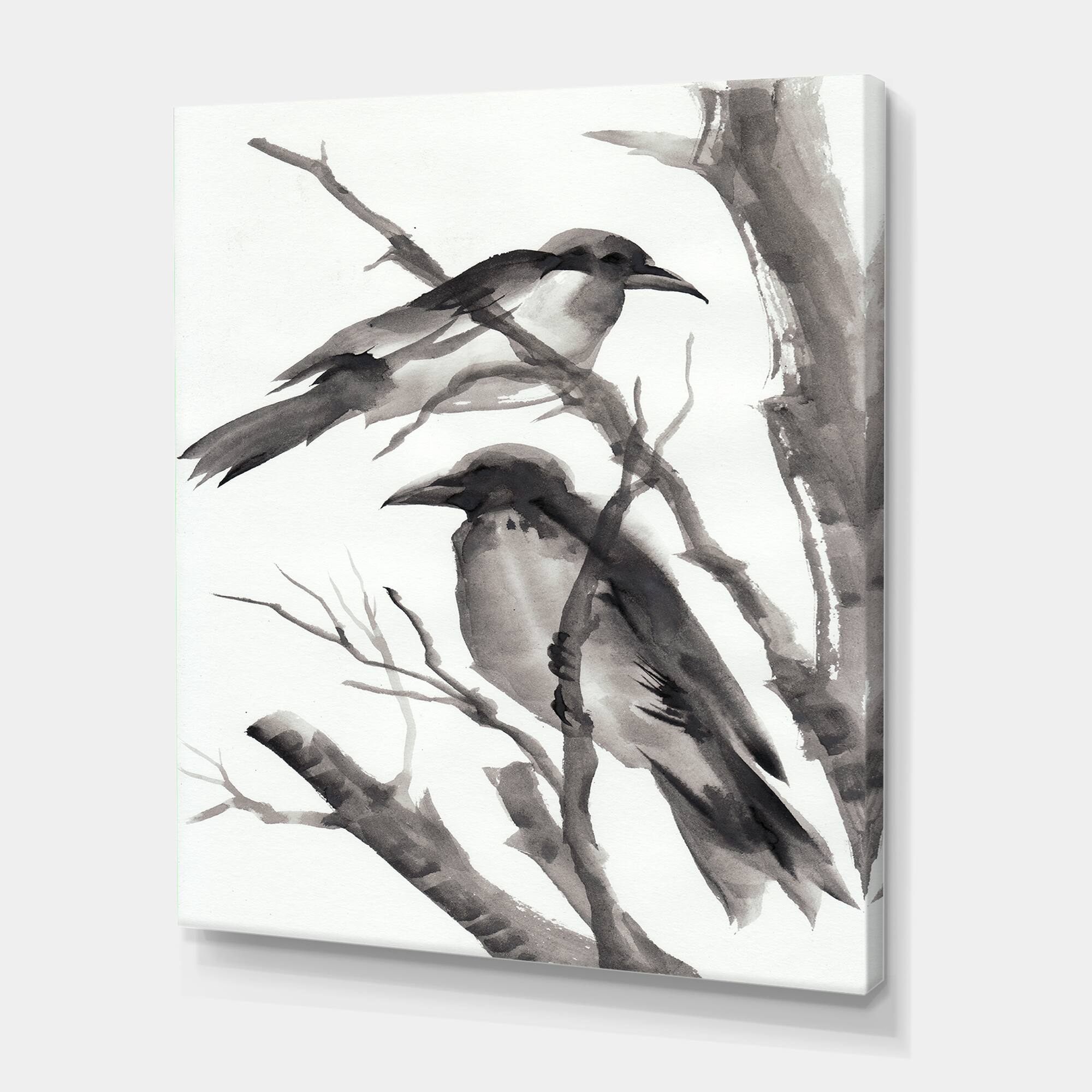 Designart - Vintage Monochrome Sleeping Crows - Traditional Canvas Wall Art Print