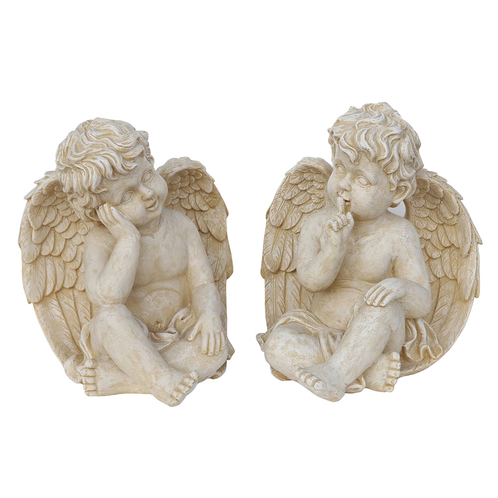 13" Ivory Weathered Pensive Sitting Cherub Angel Outdoor Garden Statues