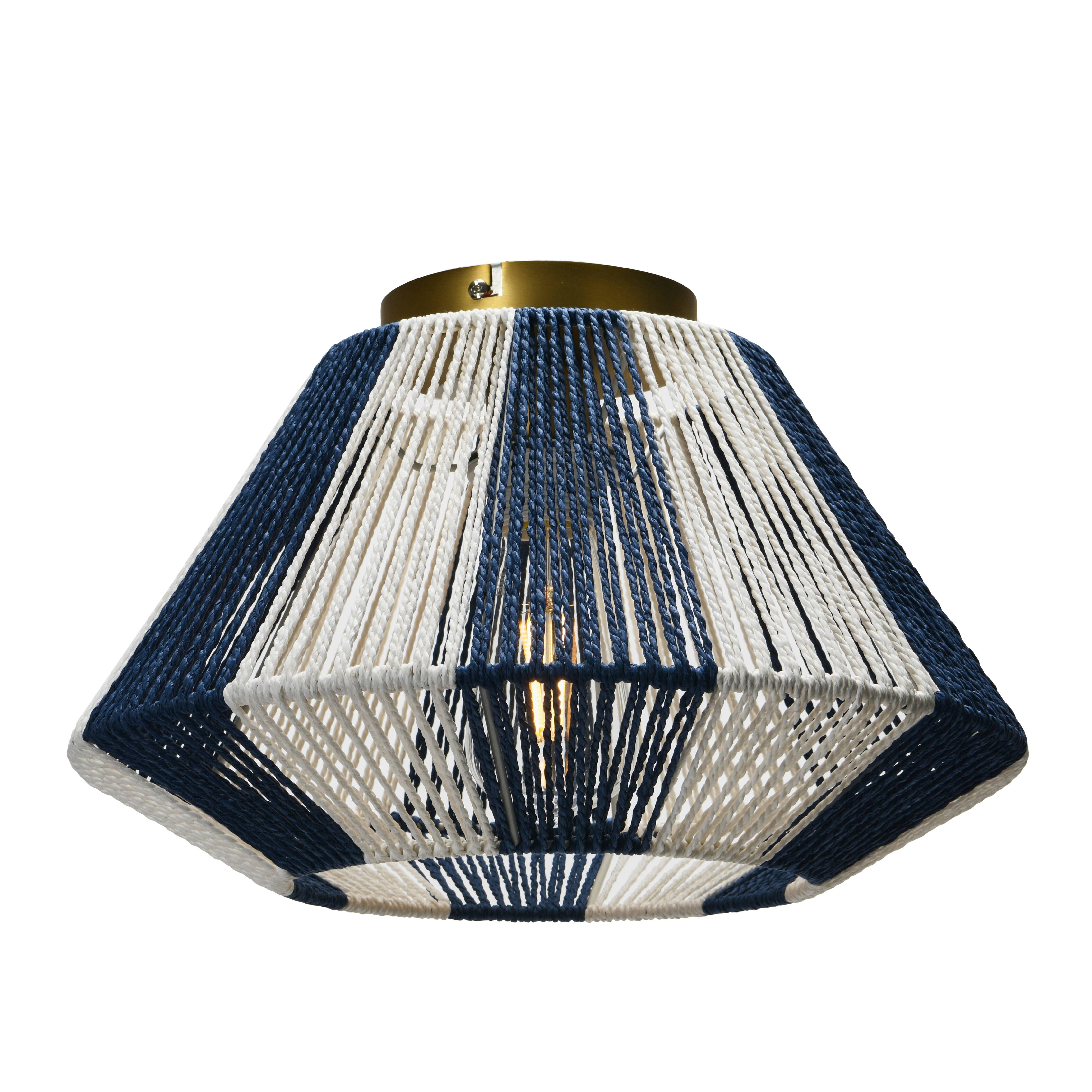 Navy &#x26; White Flush Mount Ceiling Light with Woven Paper Rope Shade