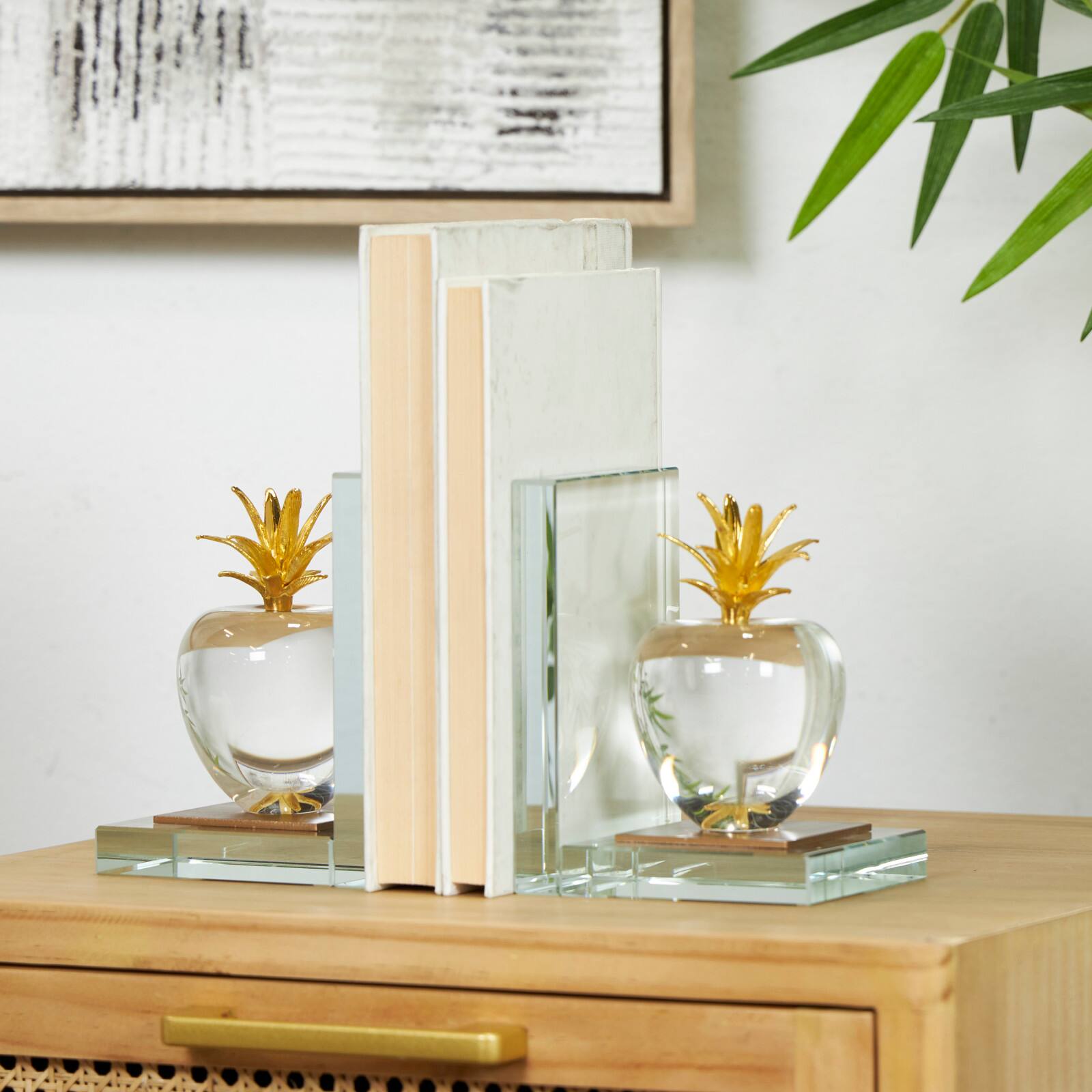 6&#x22; Clear Crystal Fruit Apple Bookends with Gold Leaves Set