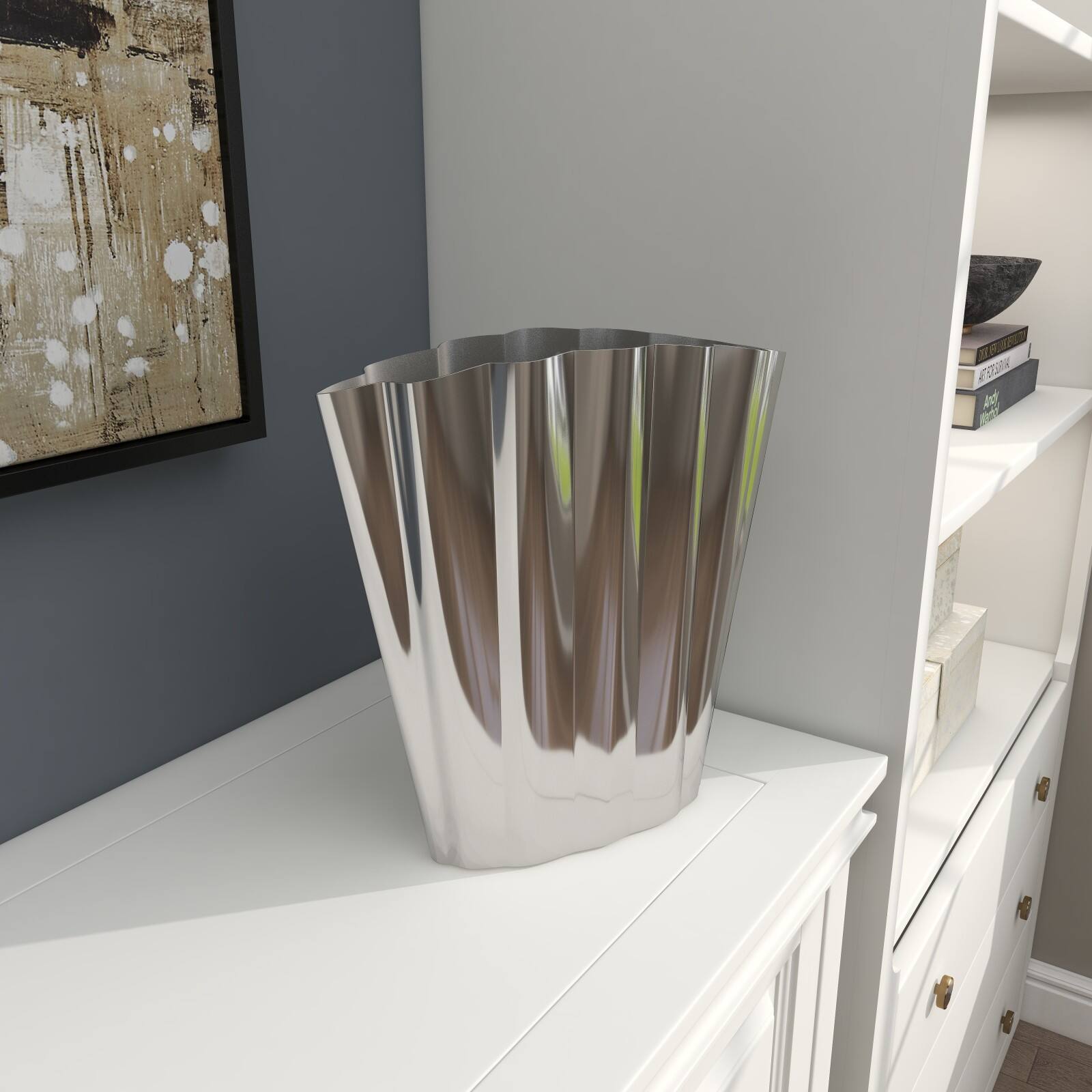15&#x22; Silver Stainless Steel Vase with Zig Zag Edging