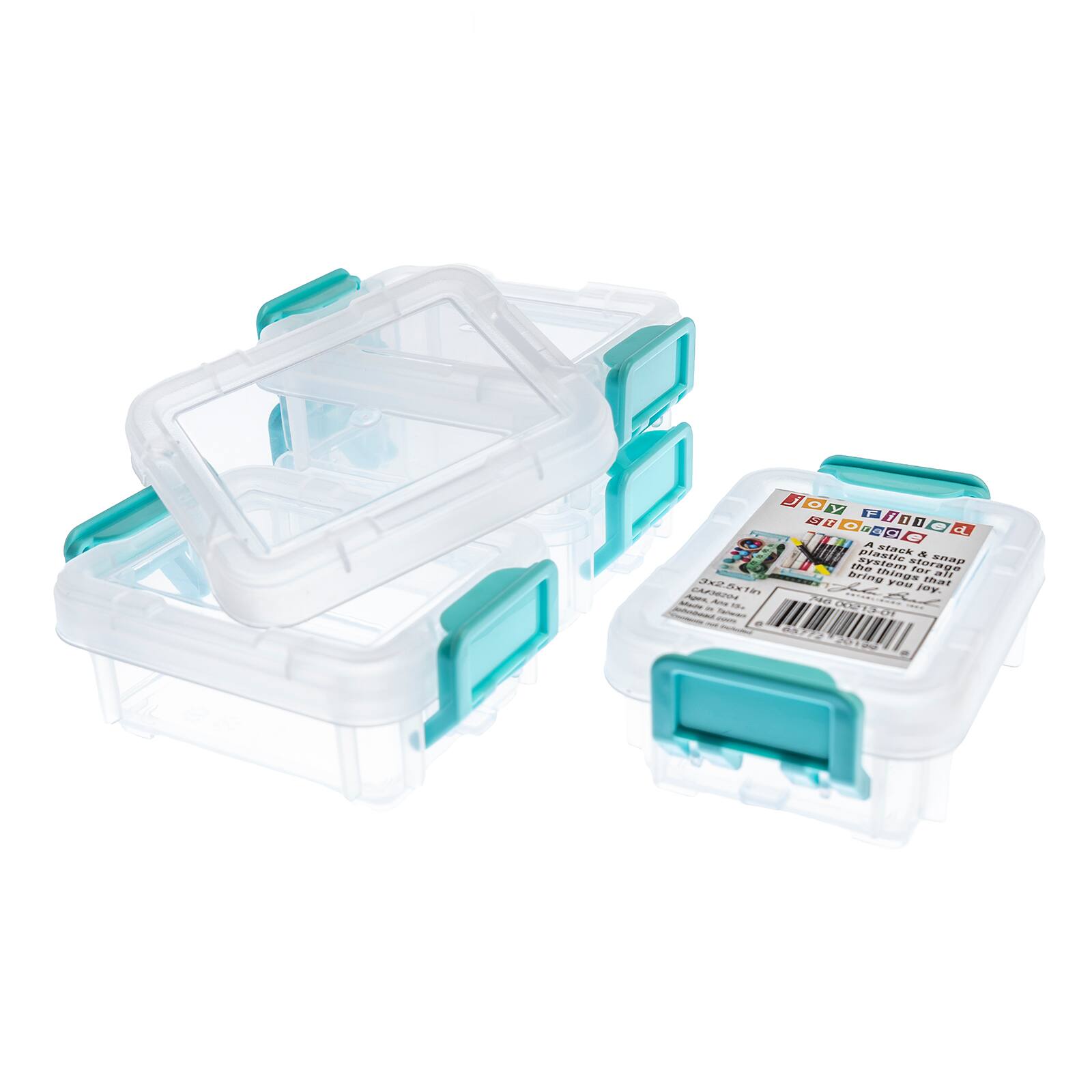 John Bead 3" Joy Filled Clear & Turquoise Stackable Containers With Lids