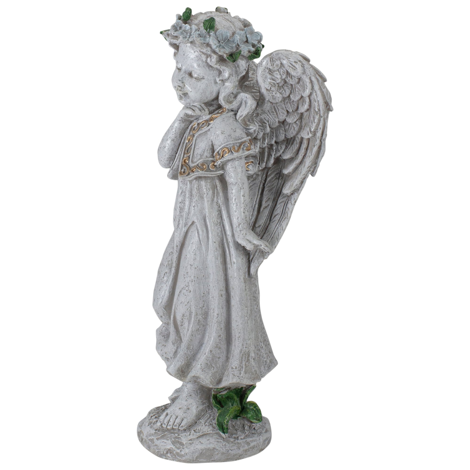 10" Gray Angel Girl with Floral Crown Garden Statue