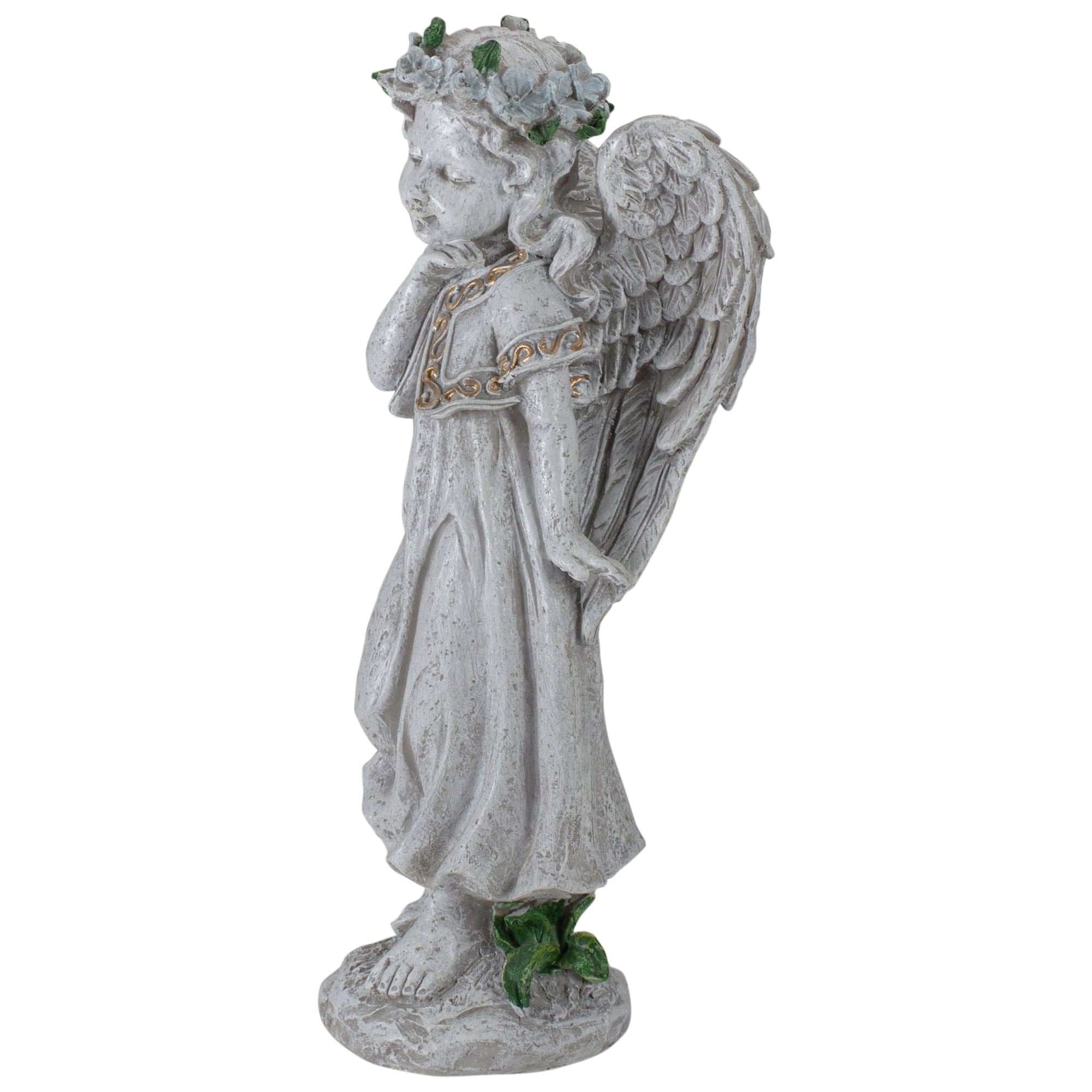 10&#x22; Gray Angel Girl with Floral Crown Garden Statue