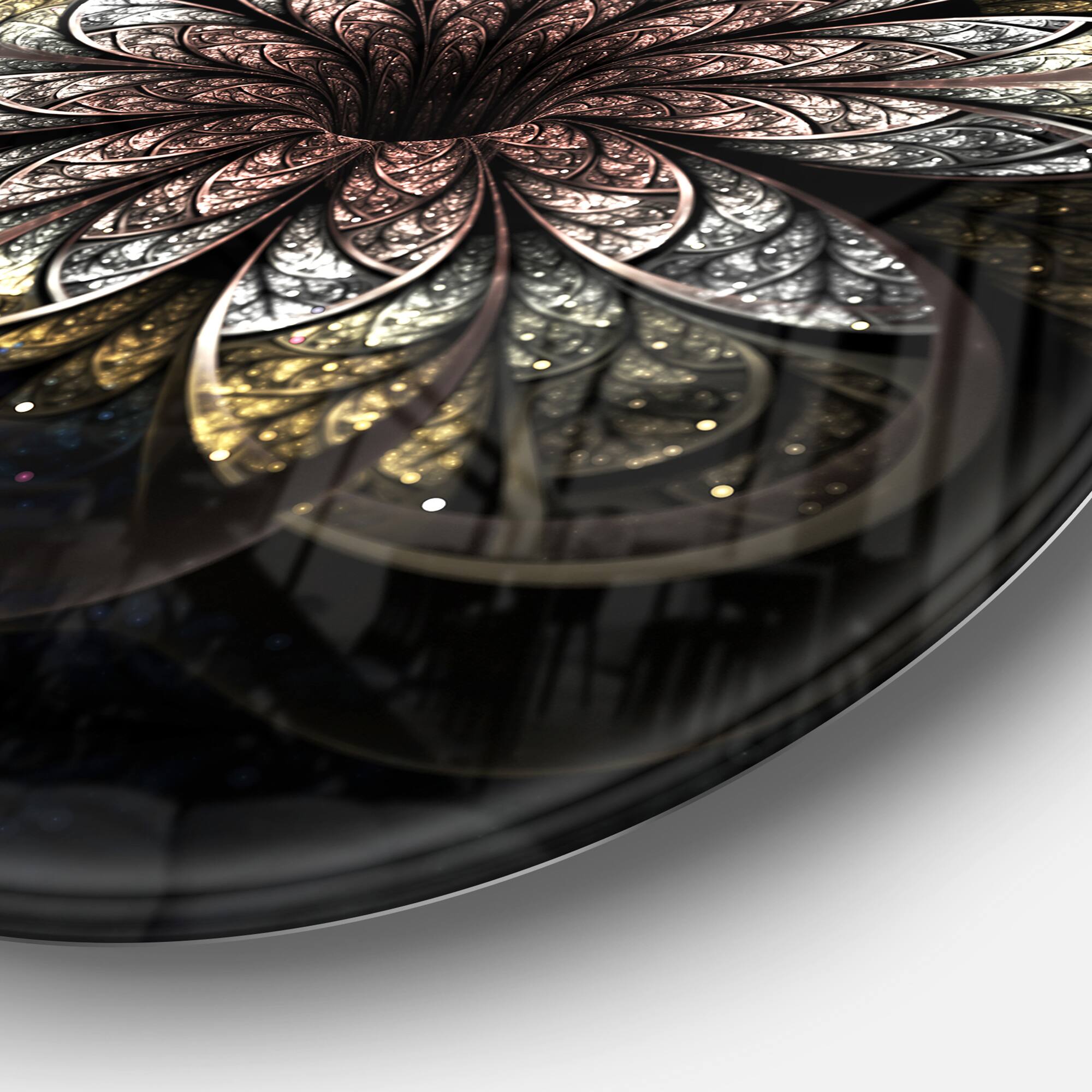 Designart - Rounded Glowing Golden Fractal Flower&#x27; Floral Metal Circle Wall Art