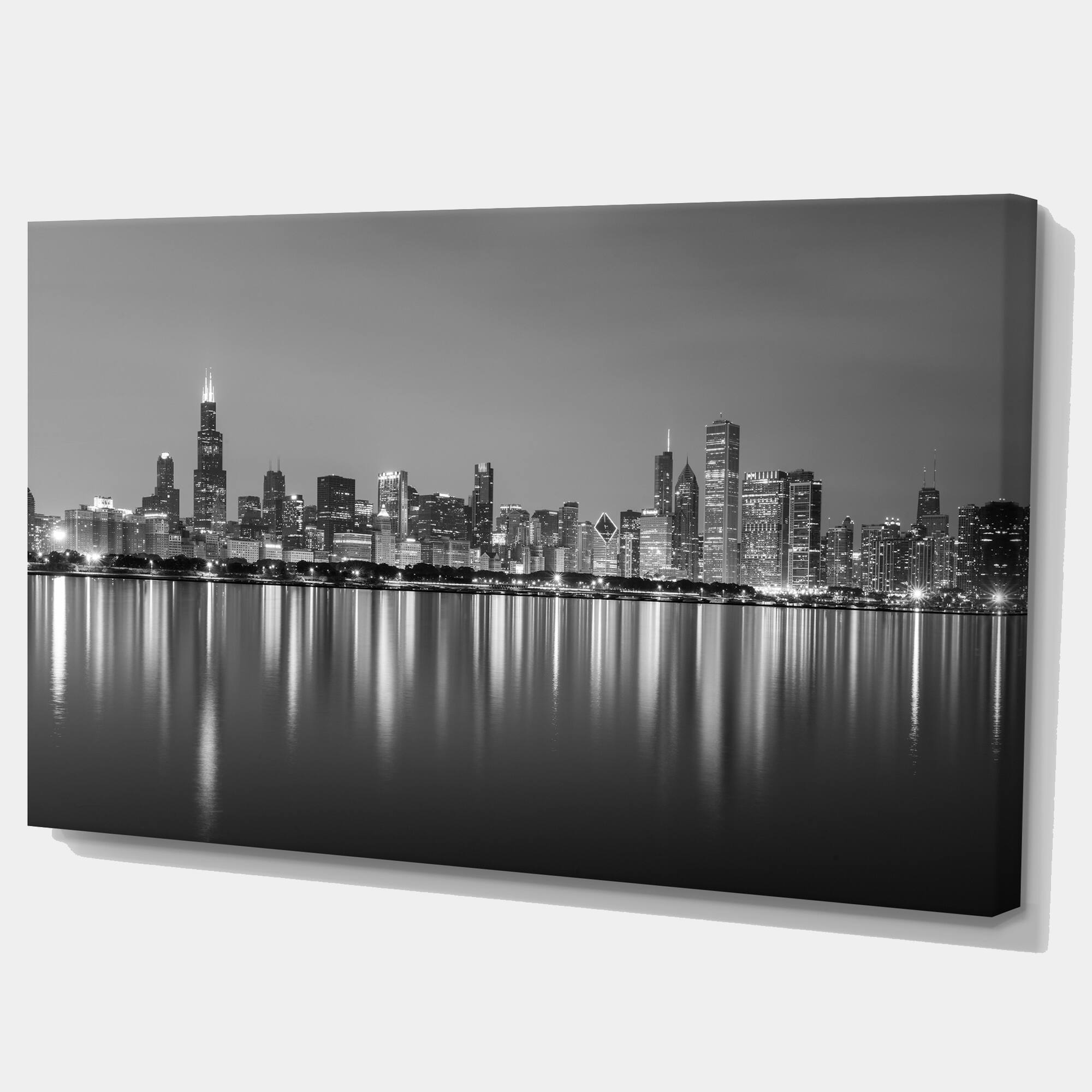 Designart - Chicago Skyline at Night Black and White - Cityscape Canvas Print