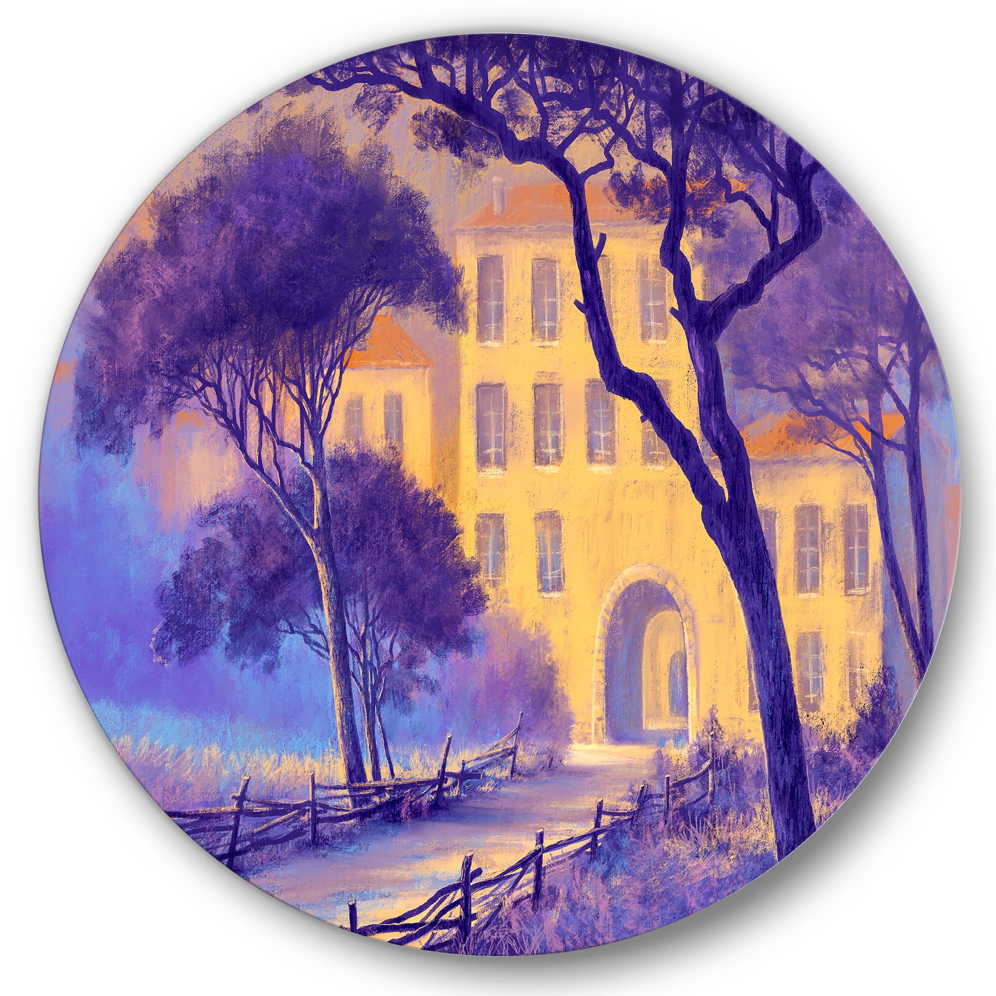 Designart - Street Landscape On Footpath & Trees In A City - Traditional Metal Circle Wall Art